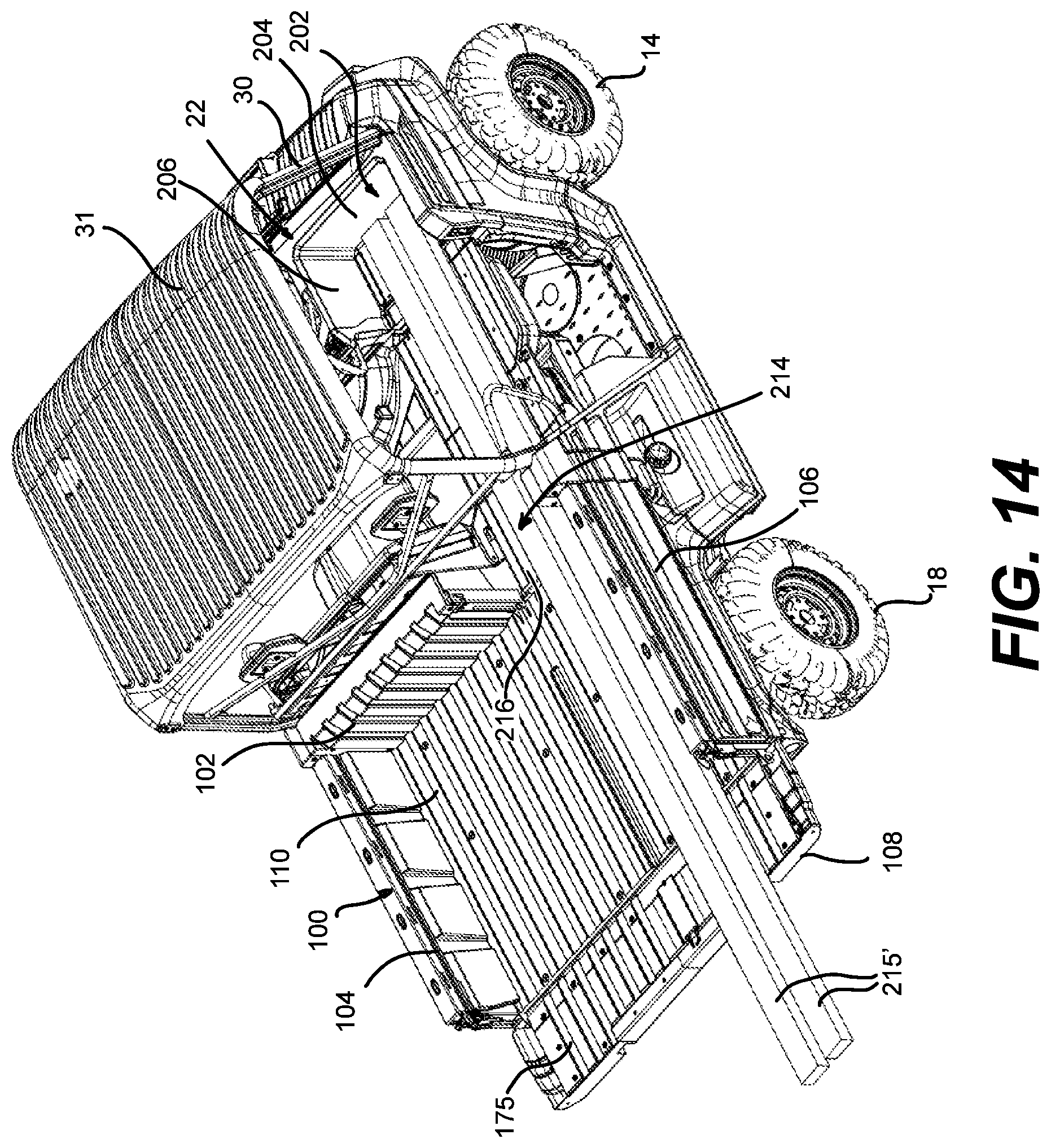 Patent US12312019 Figure 14 – Vehicle having a cargo bed with a pass-through opening