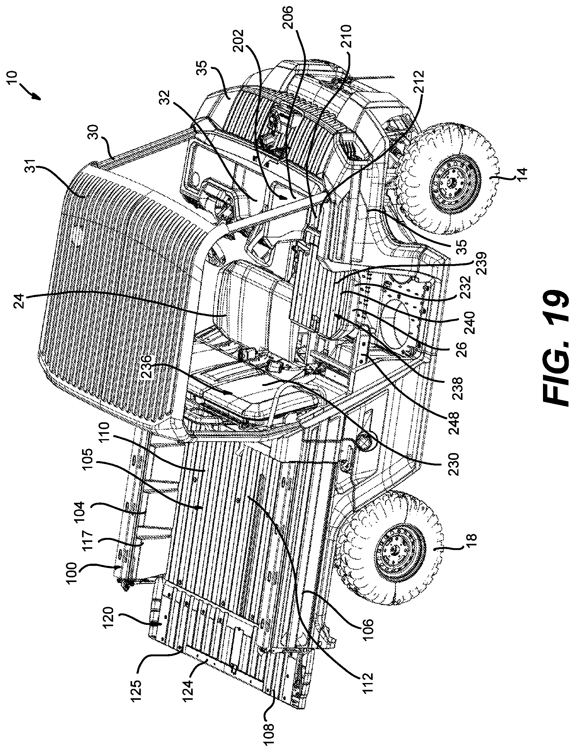Patent US12312019 Figure 19 – Vehicle having a cargo bed with a pass-through opening