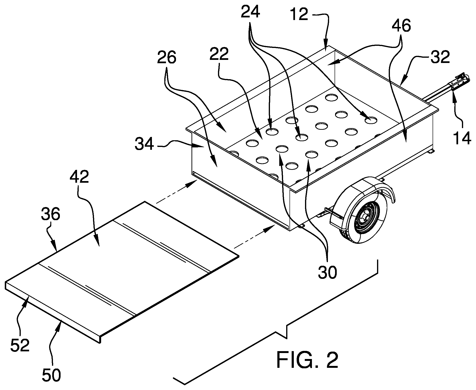 Patent US12312030 Figure 2 – Hauling and spreading trailer assembly