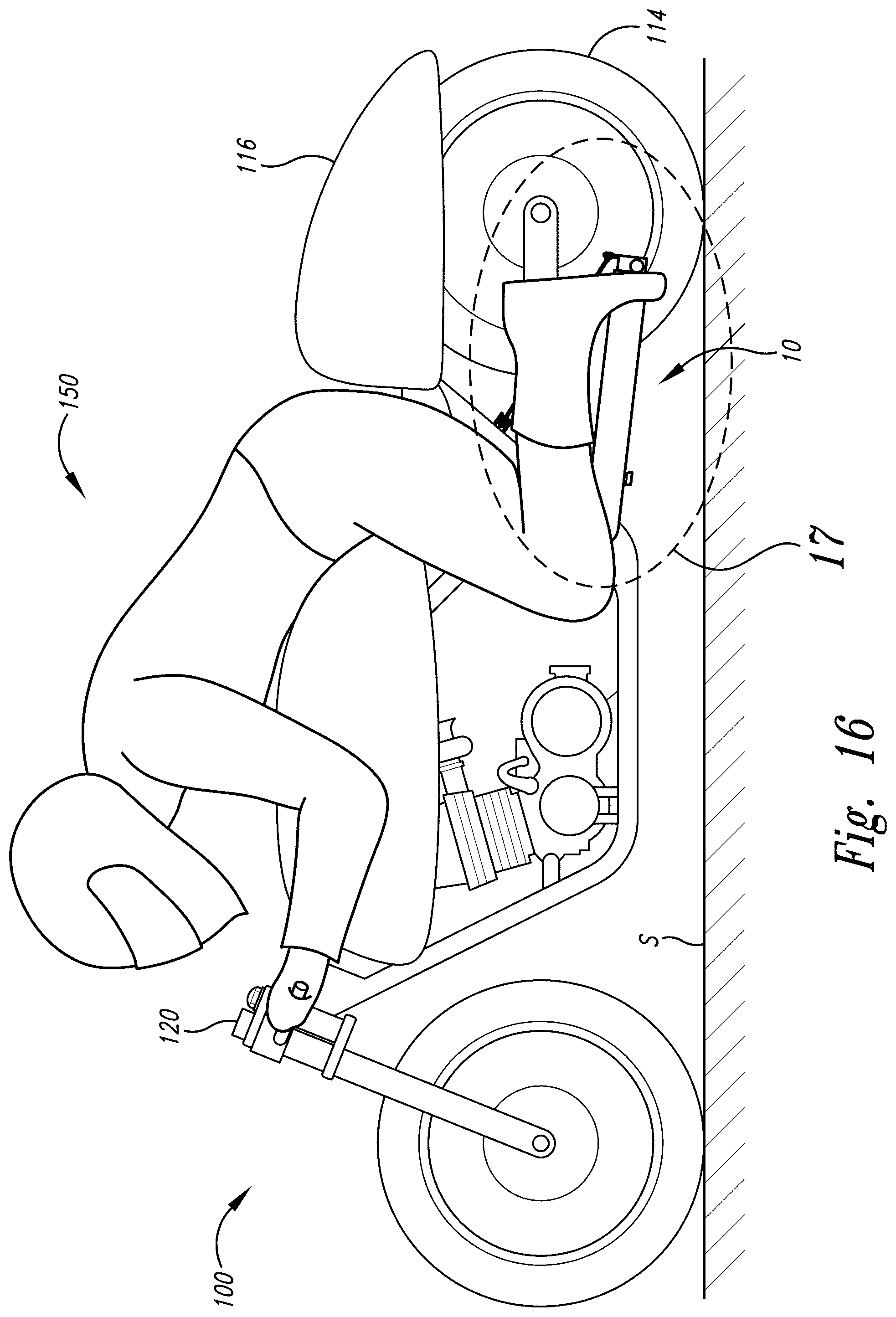 Patent US12312035 Figure 16 – Foot peg elevational system for self-propelled two-wheeled vehicles