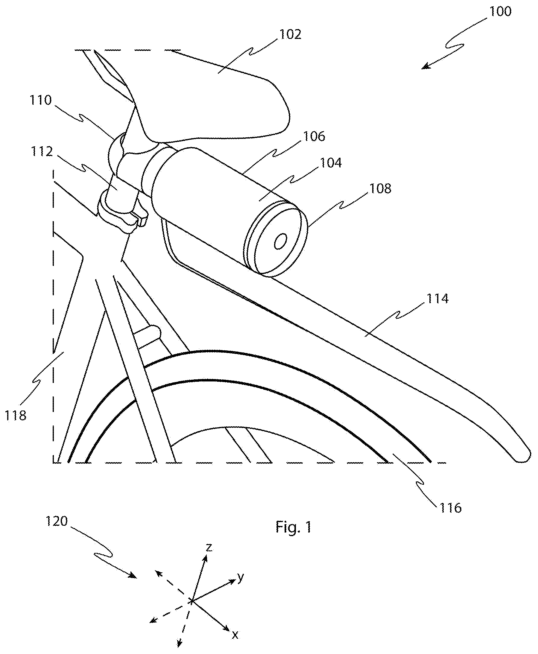 Patent US12312040 Figure 1 – Bicycle underseat storage with light and wheel guard