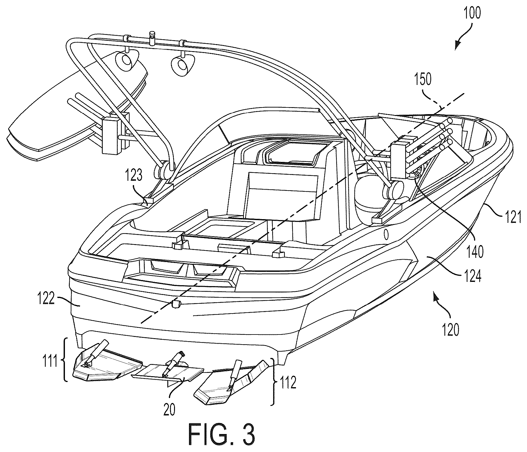 Patent US12312043 Figure 2 – Wake-modifying device for a boat