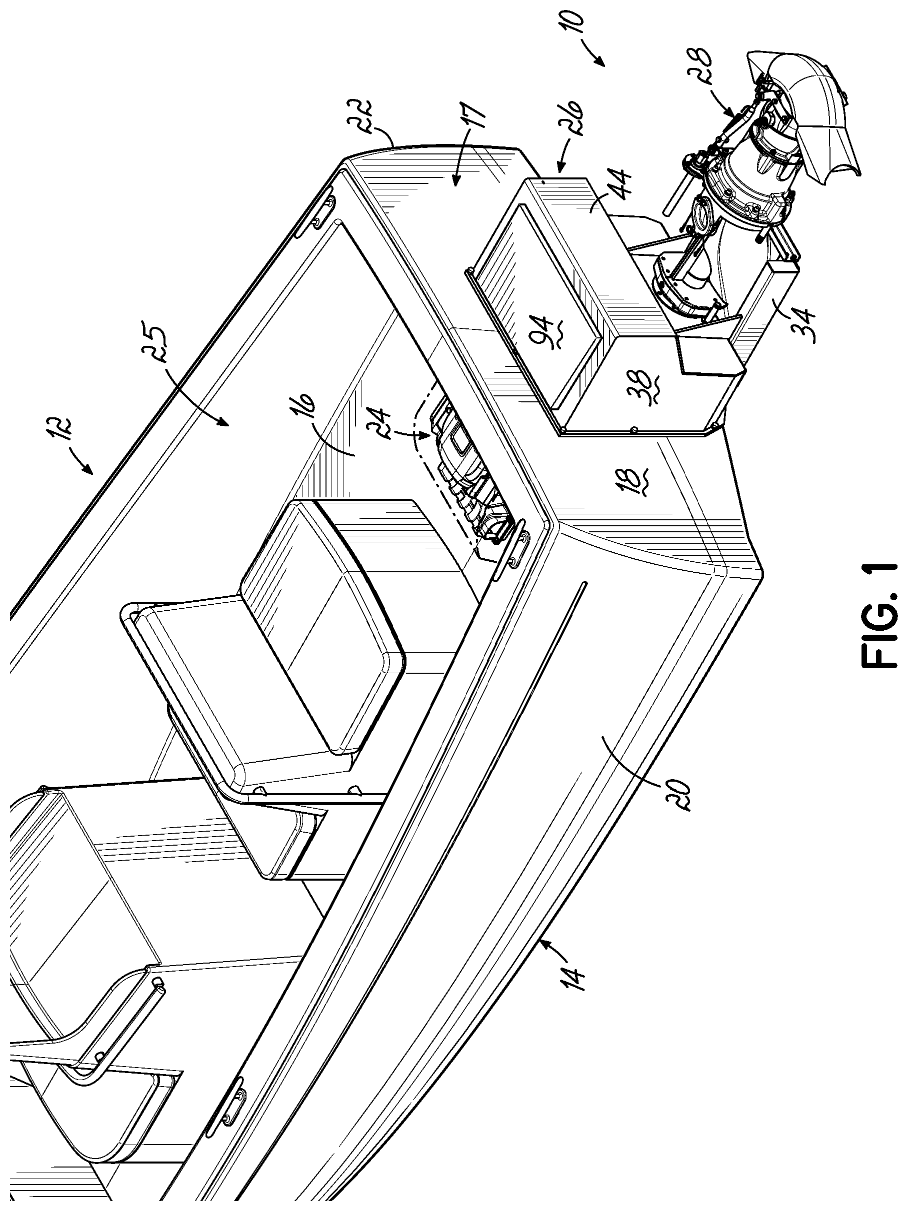 Patent US12312056 Figure 1 – Jet pump assembly and method of securing jet pump assembly to pontoon boat