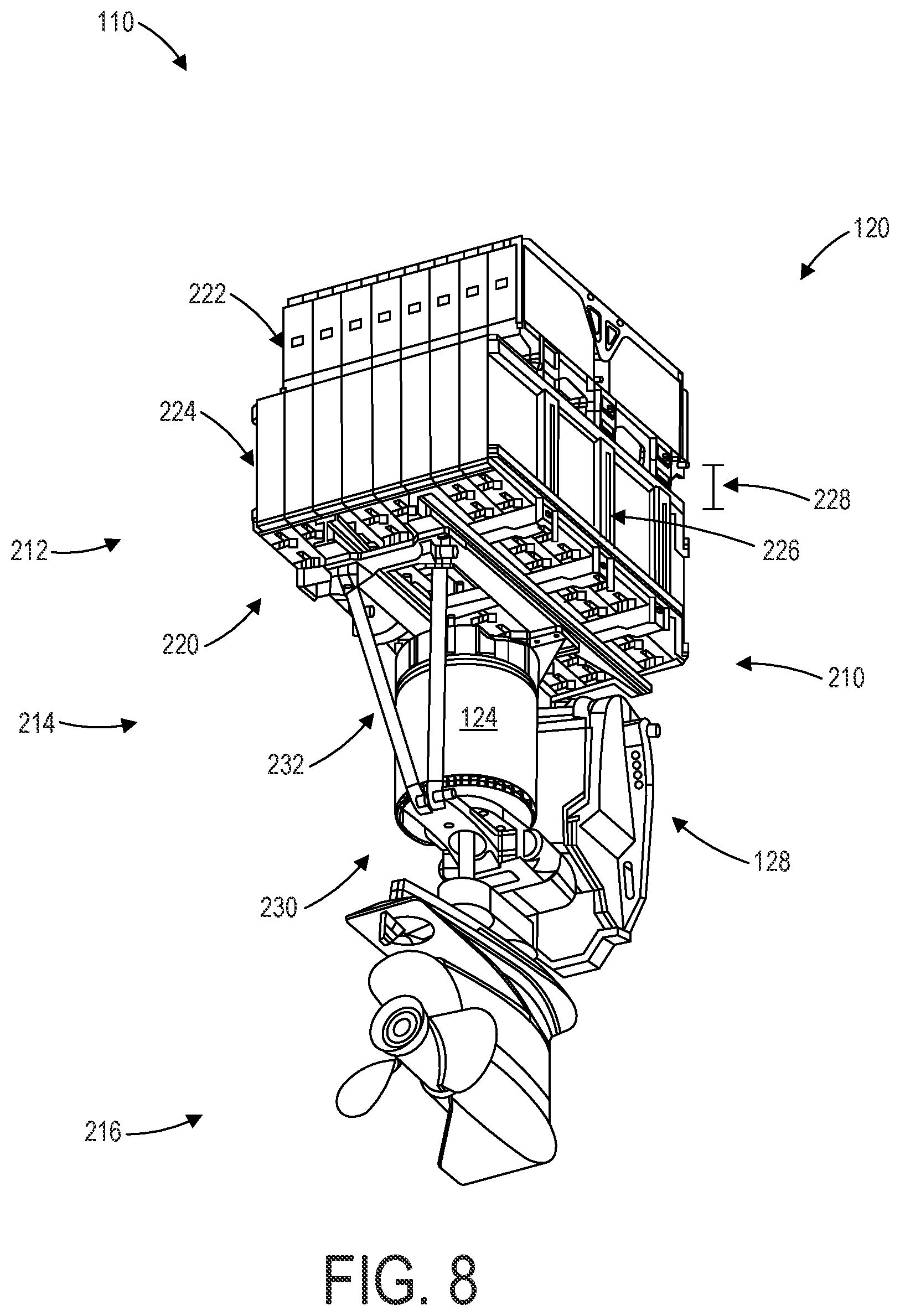 Patent US12312057 Figure 8 – Integrated electric outboard motor assembly