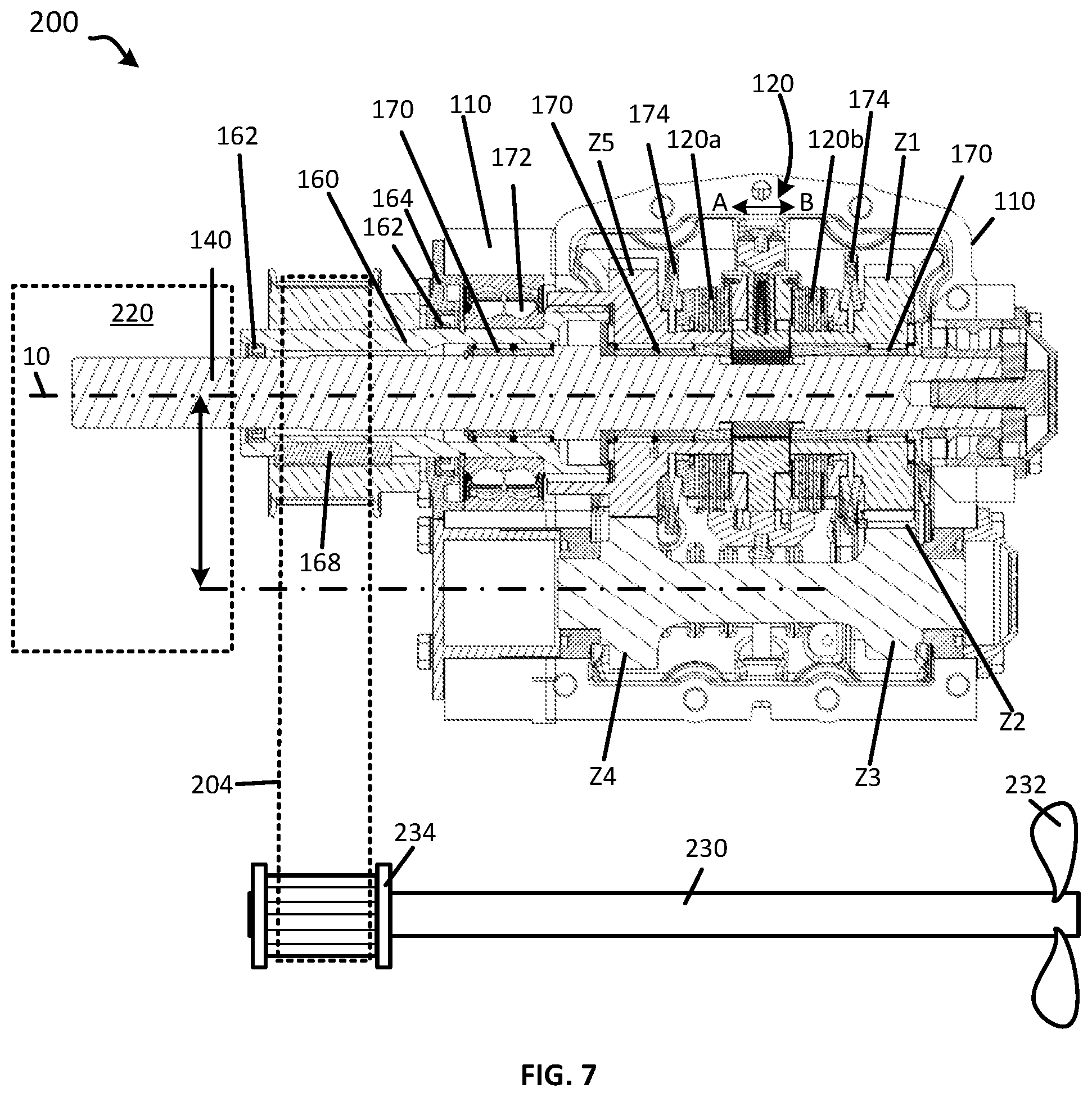 Patent US12312059 Figure 4 – Outboard motor transmission with coaxial input and output shafts