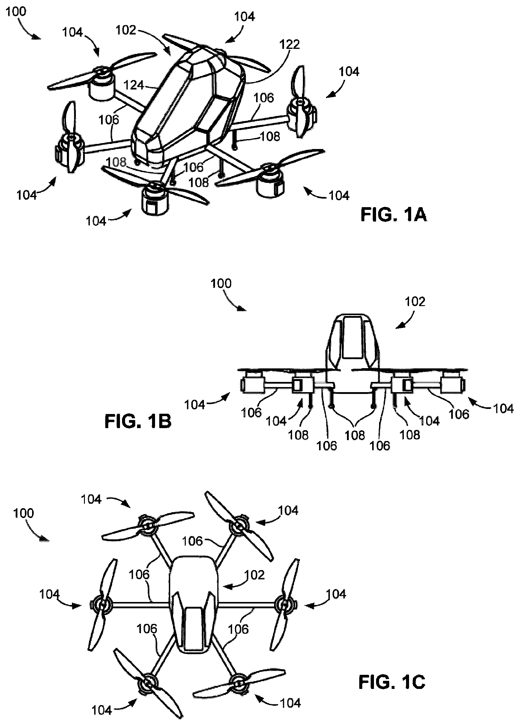 Patent US12312081 Figure 1 – Pilotless transportation aerial-vehicle having distributed-batteries and powering method therefor