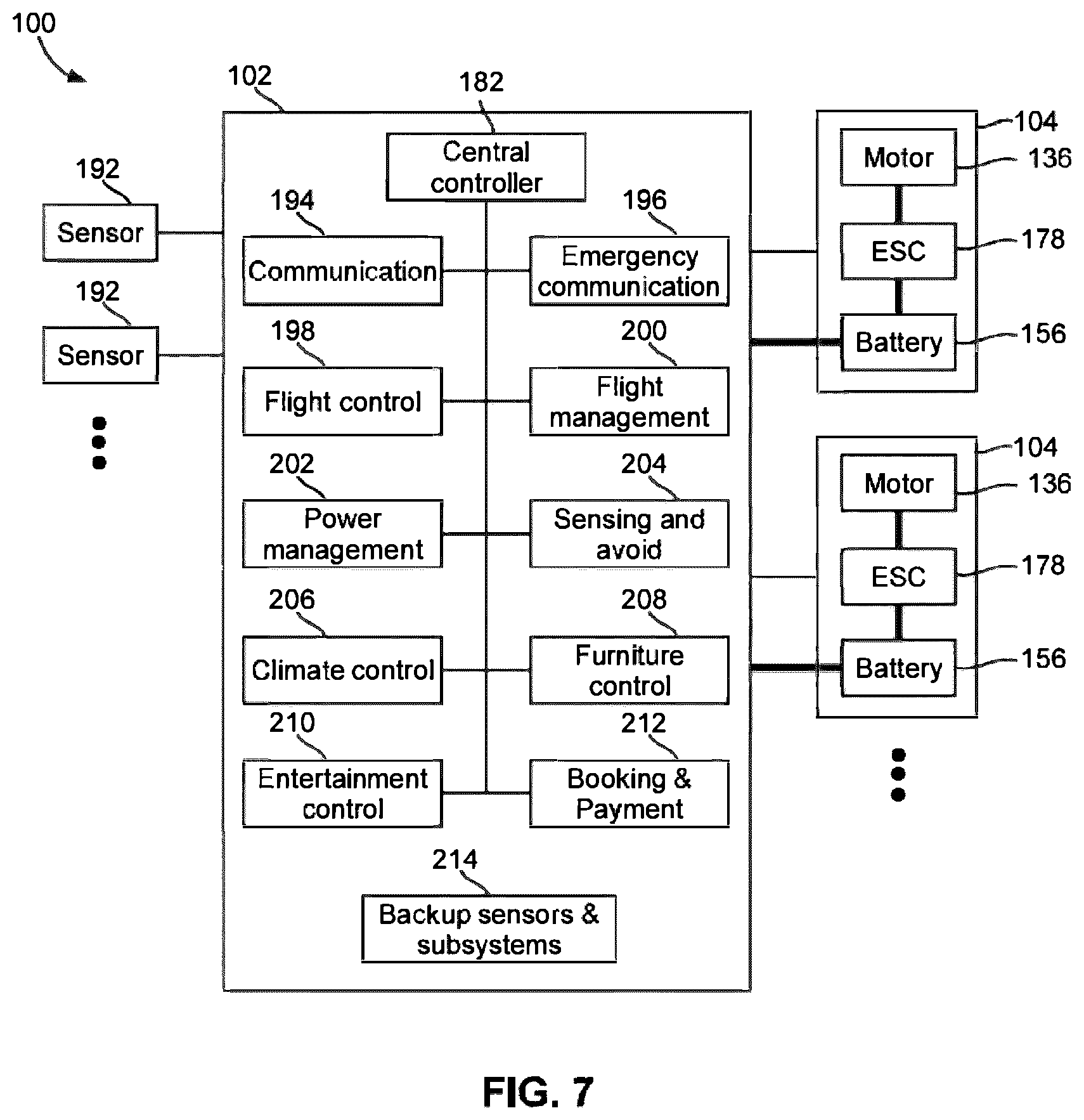 Patent US12312081 Figure 5 – Pilotless transportation aerial-vehicle having distributed-batteries and powering method therefor