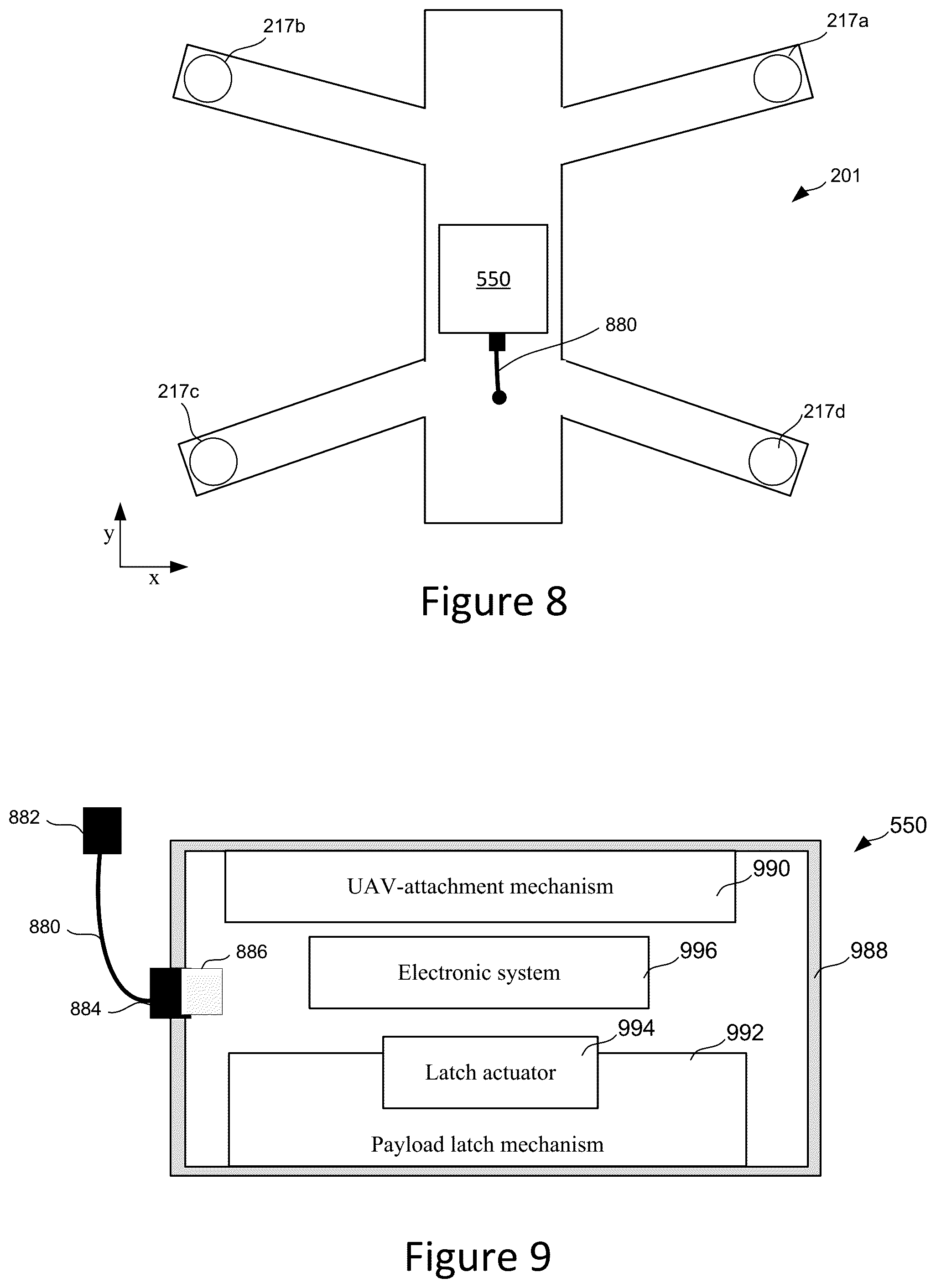 Patent US12312085 Figure 8 – Mechanical release device for unmanned aerial vehicle drop-payload