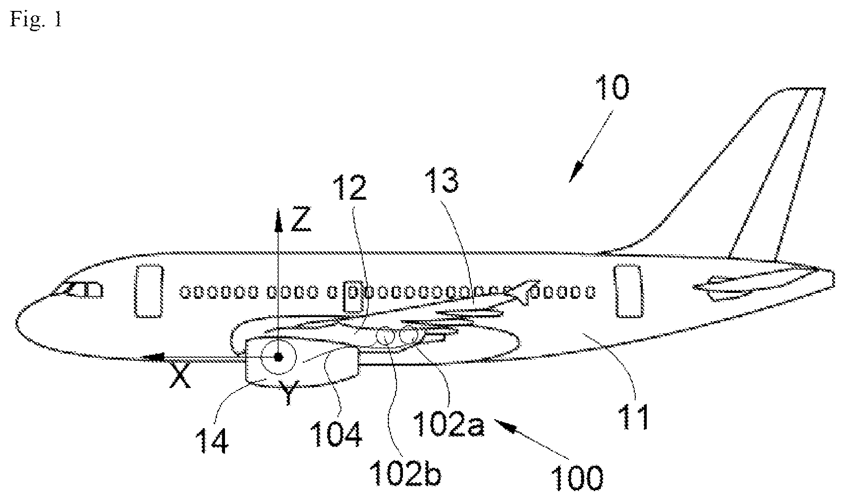 Patent US12312096 — Assembly for an aircraft, said assembly comprising a pylon and a reservoir containing an extinguishing fluid — Figure 1
