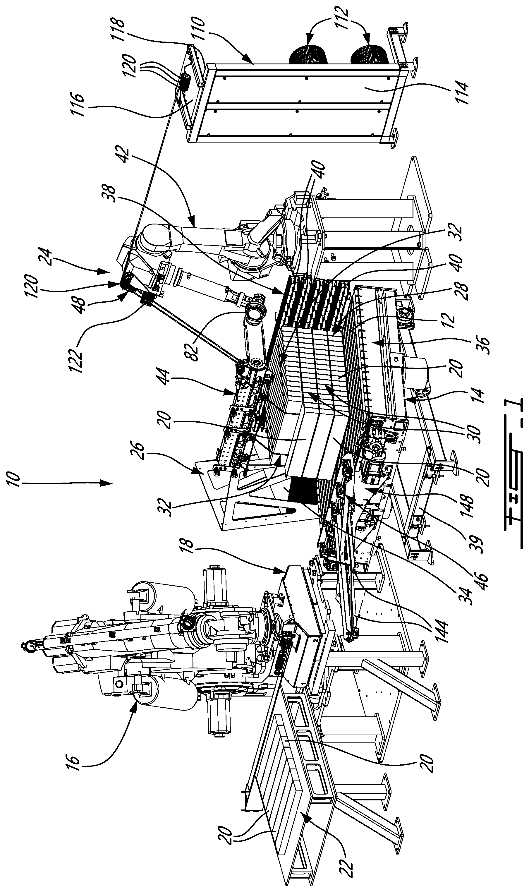 Patent US12312109 Figure 1 – Adaptable spacer roping installation system for casted concrete products or the likes and palletizing system therewith