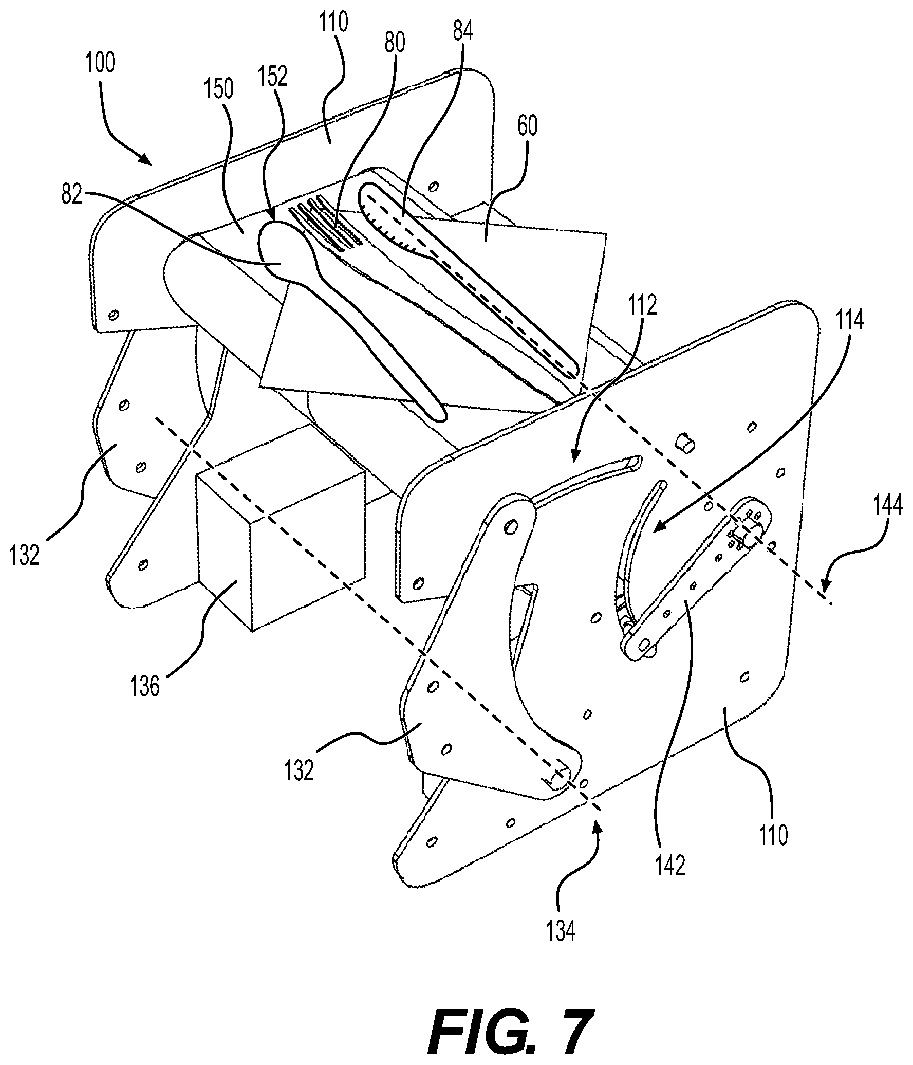 Patent US12312111 Figure 7 – Method for providing at least one utensil wrapped in a napkin, apparatus for wrapping a napkin around at least one utensil, utensil picker and magazine for storing utensils