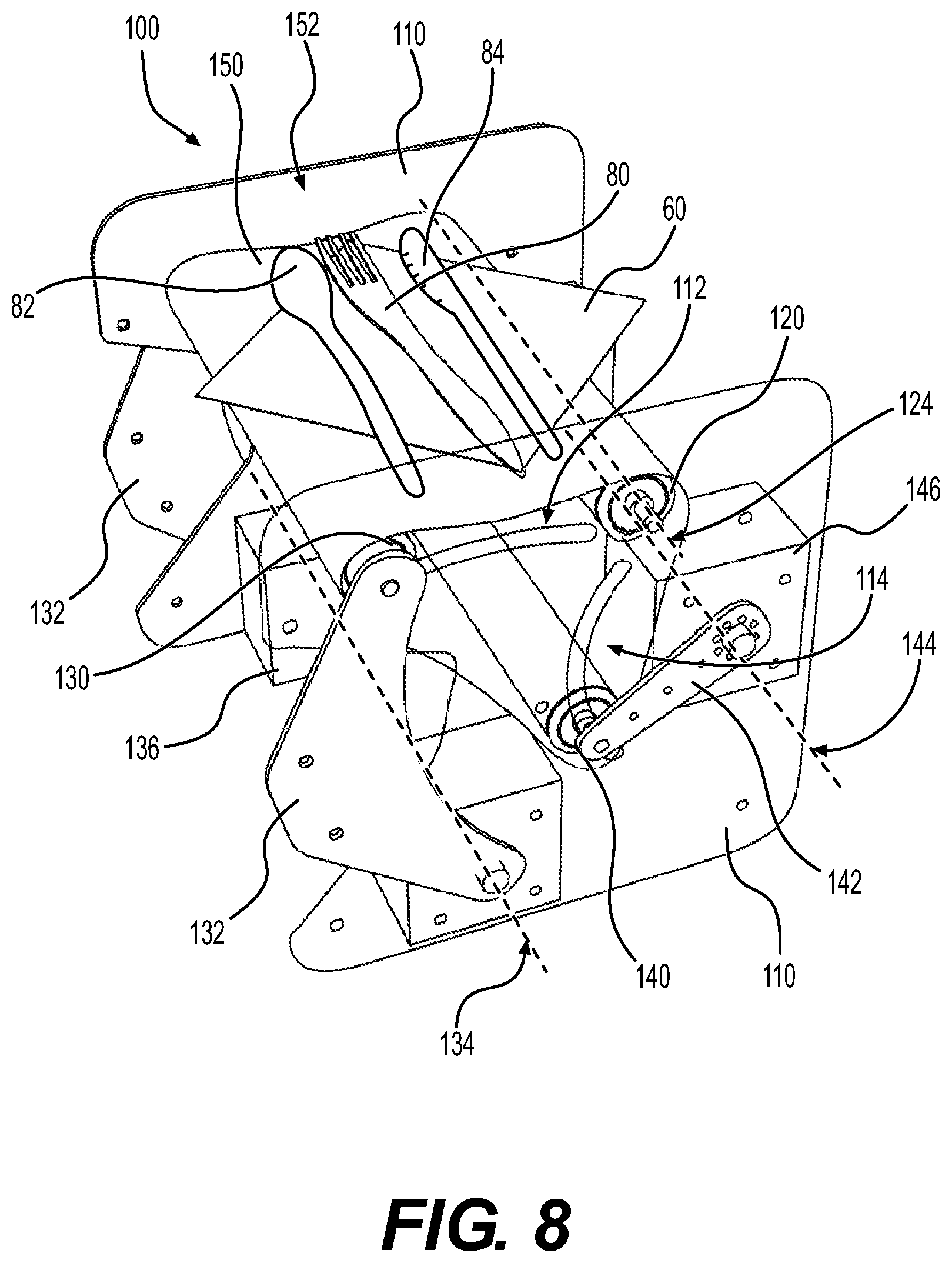 Patent US12312111 Figure 8 – Method for providing at least one utensil wrapped in a napkin, apparatus for wrapping a napkin around at least one utensil, utensil picker and magazine for storing utensils