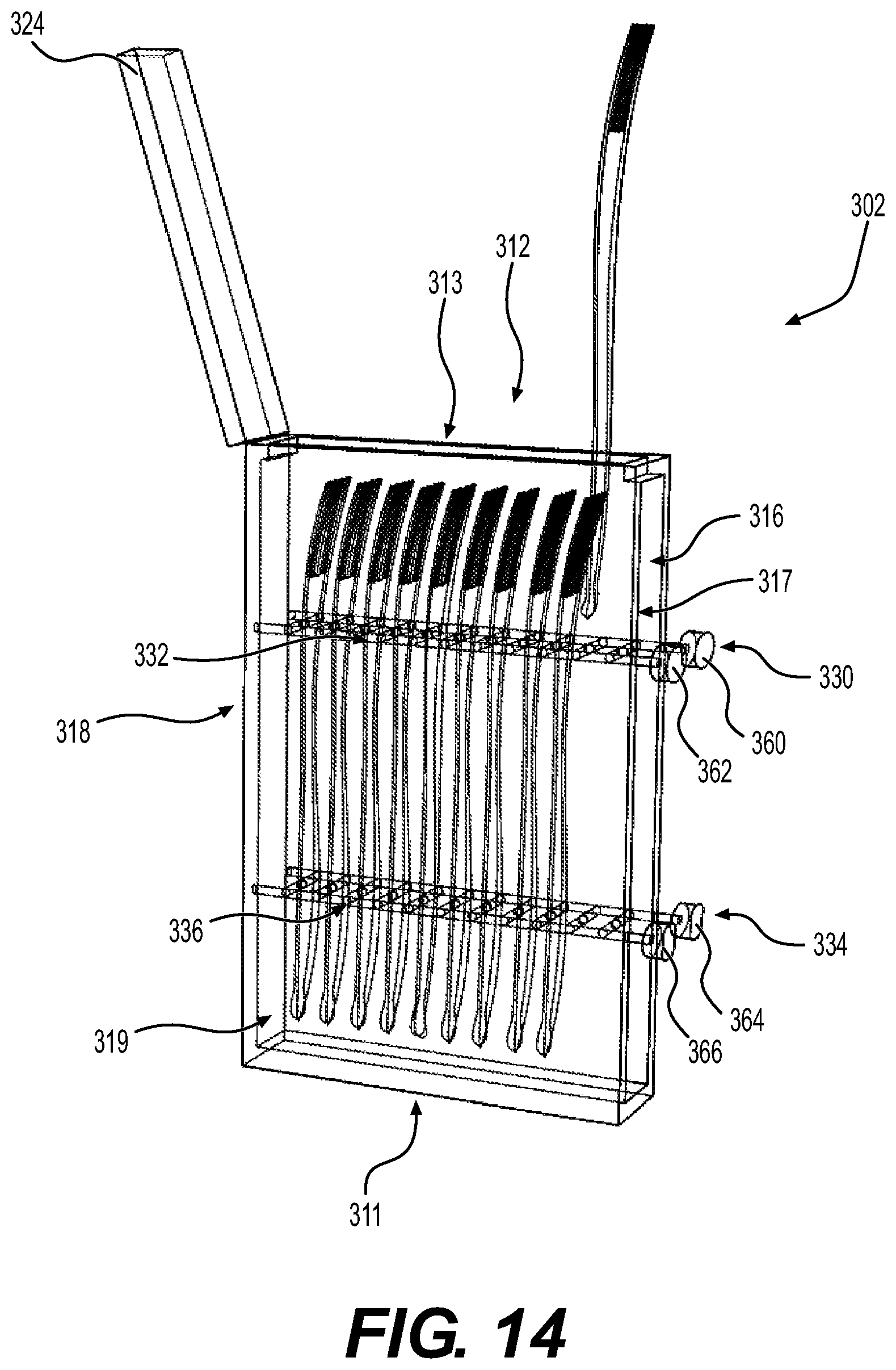 Patent US12312111 Figure 14 – Method for providing at least one utensil wrapped in a napkin, apparatus for wrapping a napkin around at least one utensil, utensil picker and magazine for storing utensils