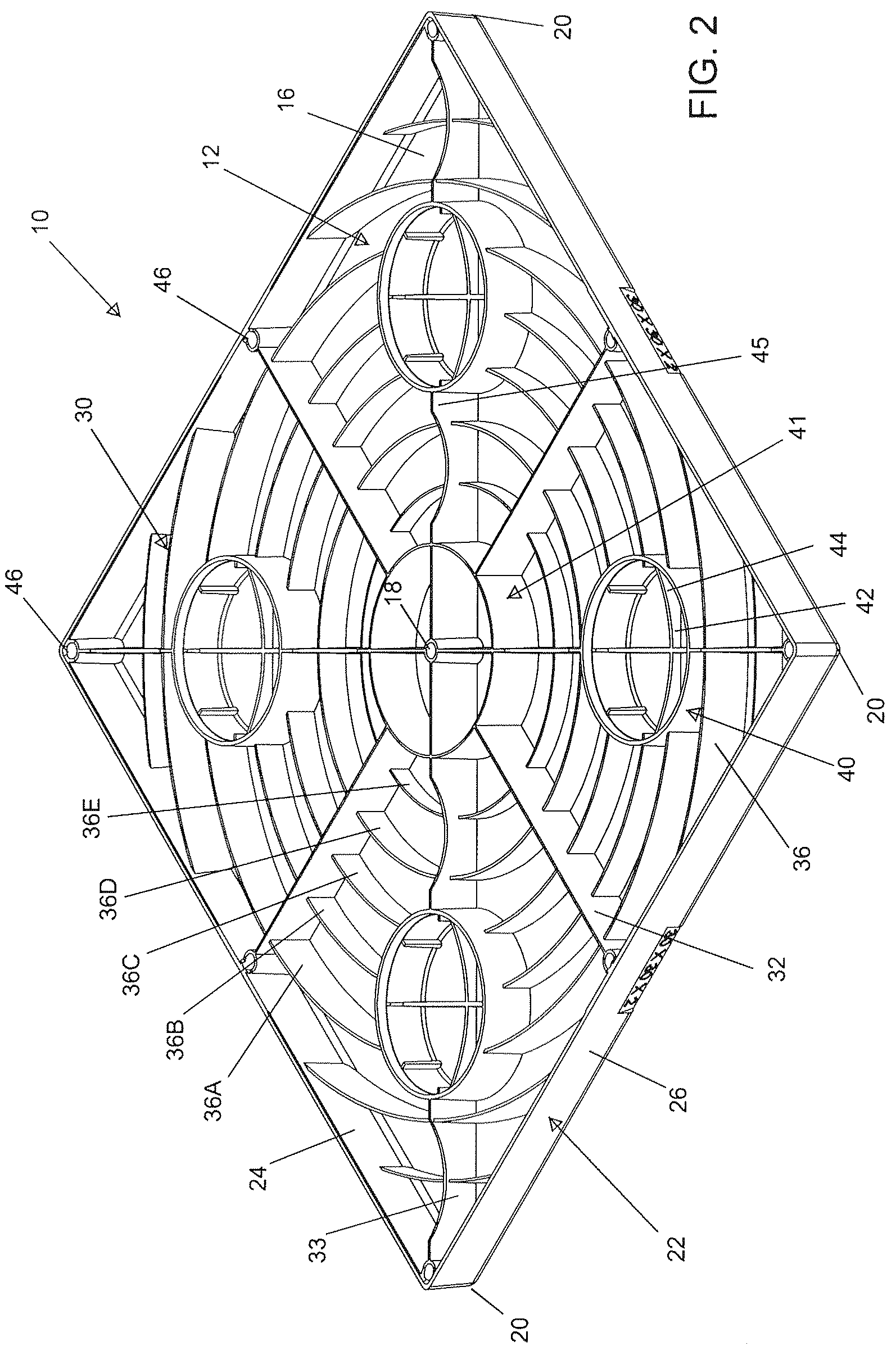 Patent US12312123 Figure 2 – Molded equipment pad with arc-shaped ribs