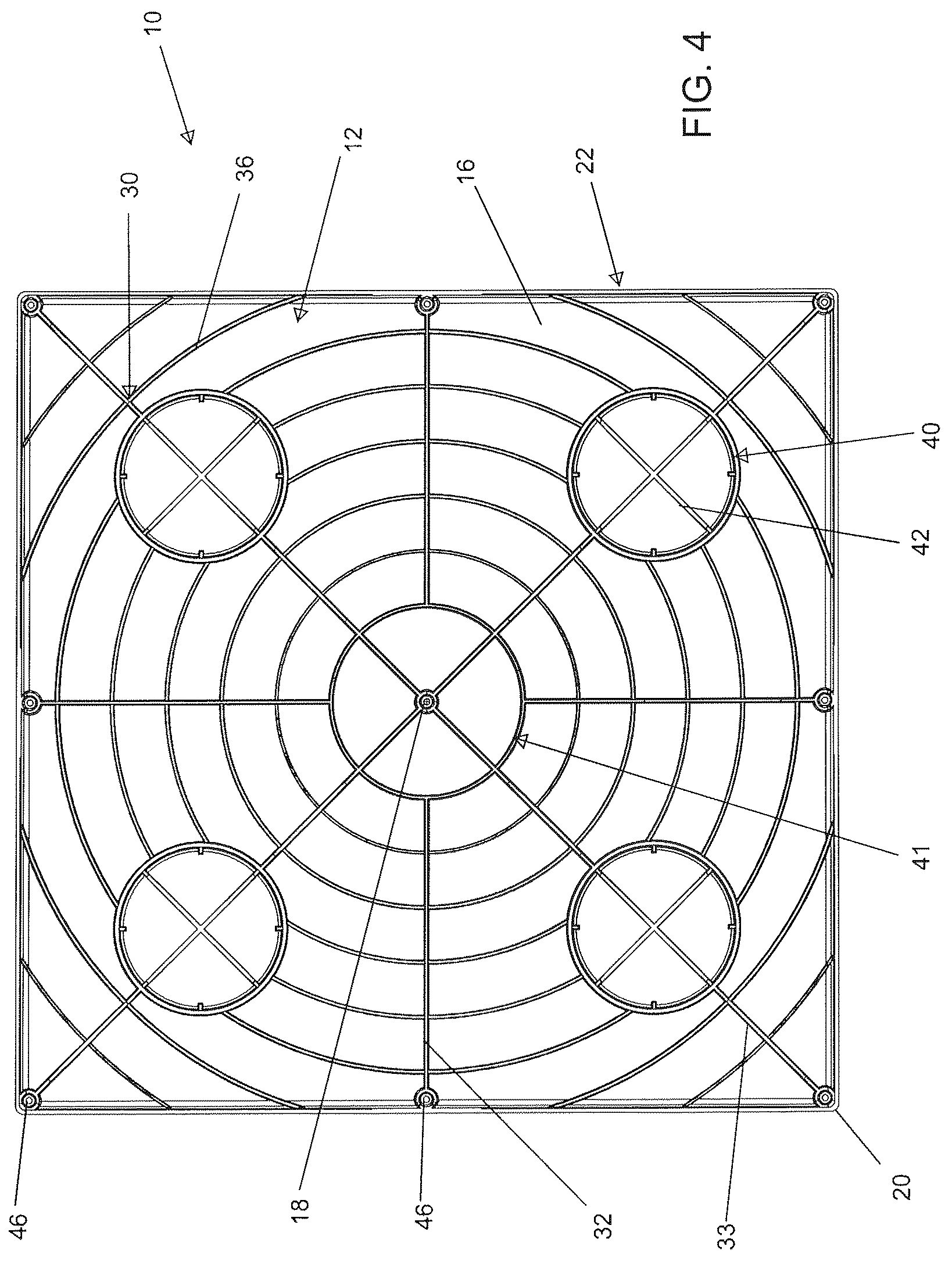 Patent US12312123 Figure 4 – Molded equipment pad with arc-shaped ribs