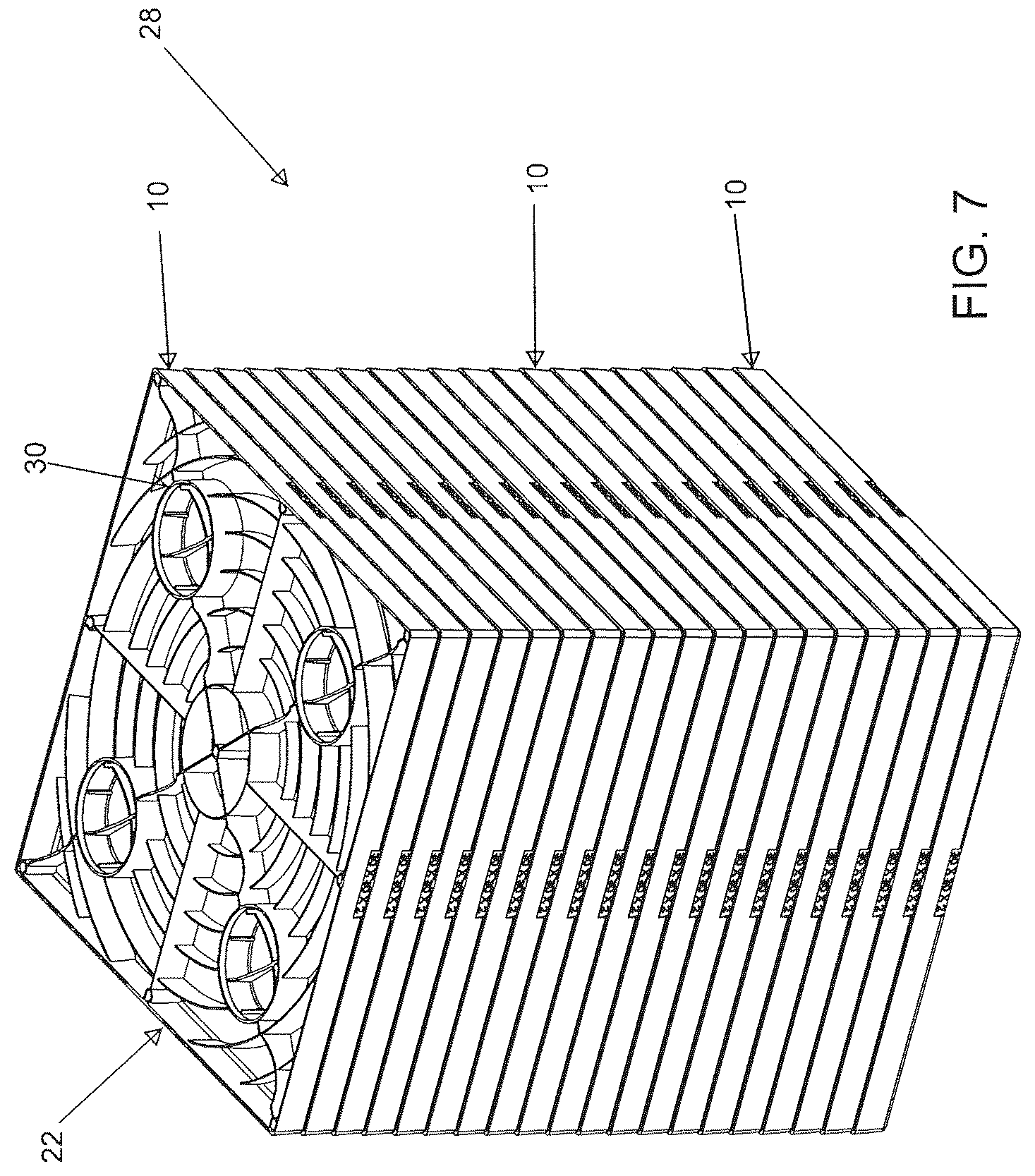 Patent US12312123 Figure 7 – Molded equipment pad with arc-shaped ribs