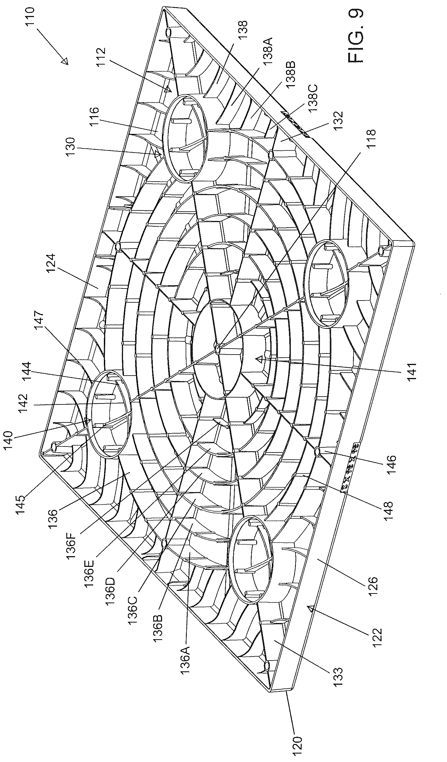 Patent US12312123 Figure 9 – Molded equipment pad with arc-shaped ribs