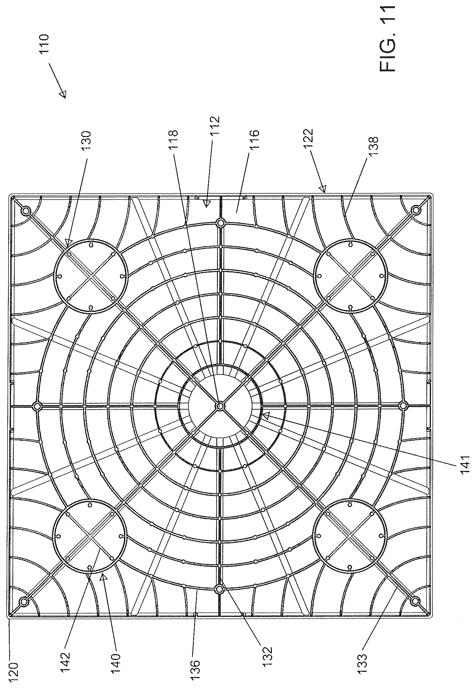 Patent US12312123 Figure 11 – Molded equipment pad with arc-shaped ribs