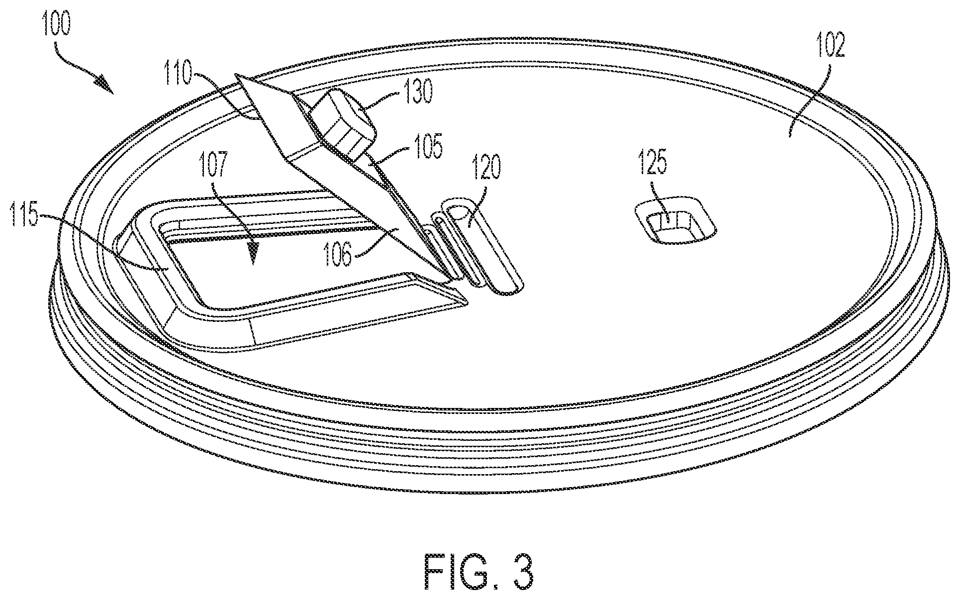 Patent US12312129 Figure 3 – Thermoformed closure with overlapping tab