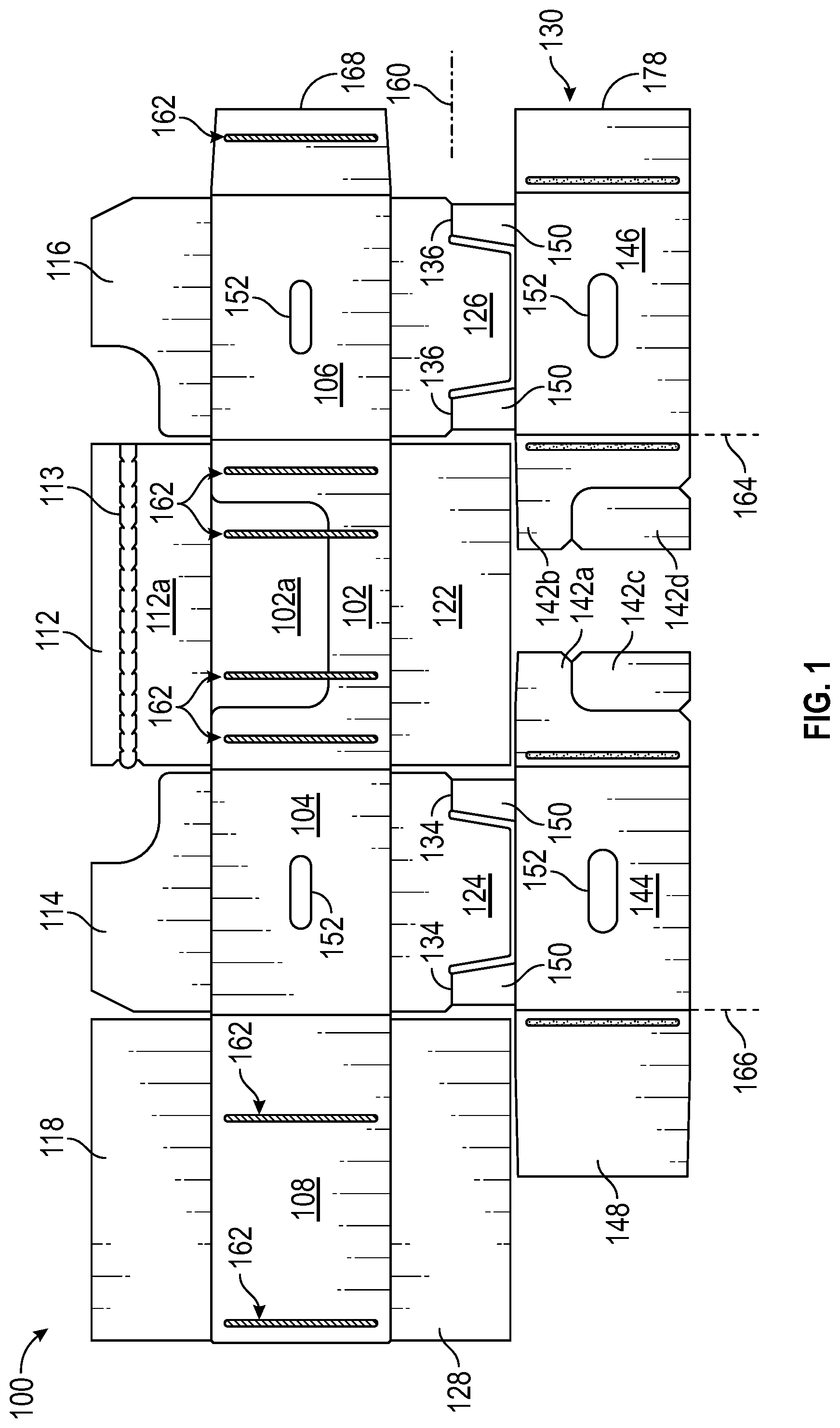 Patent US12312134 Figure 1 – Display ready corrugated packaging with double corner construction