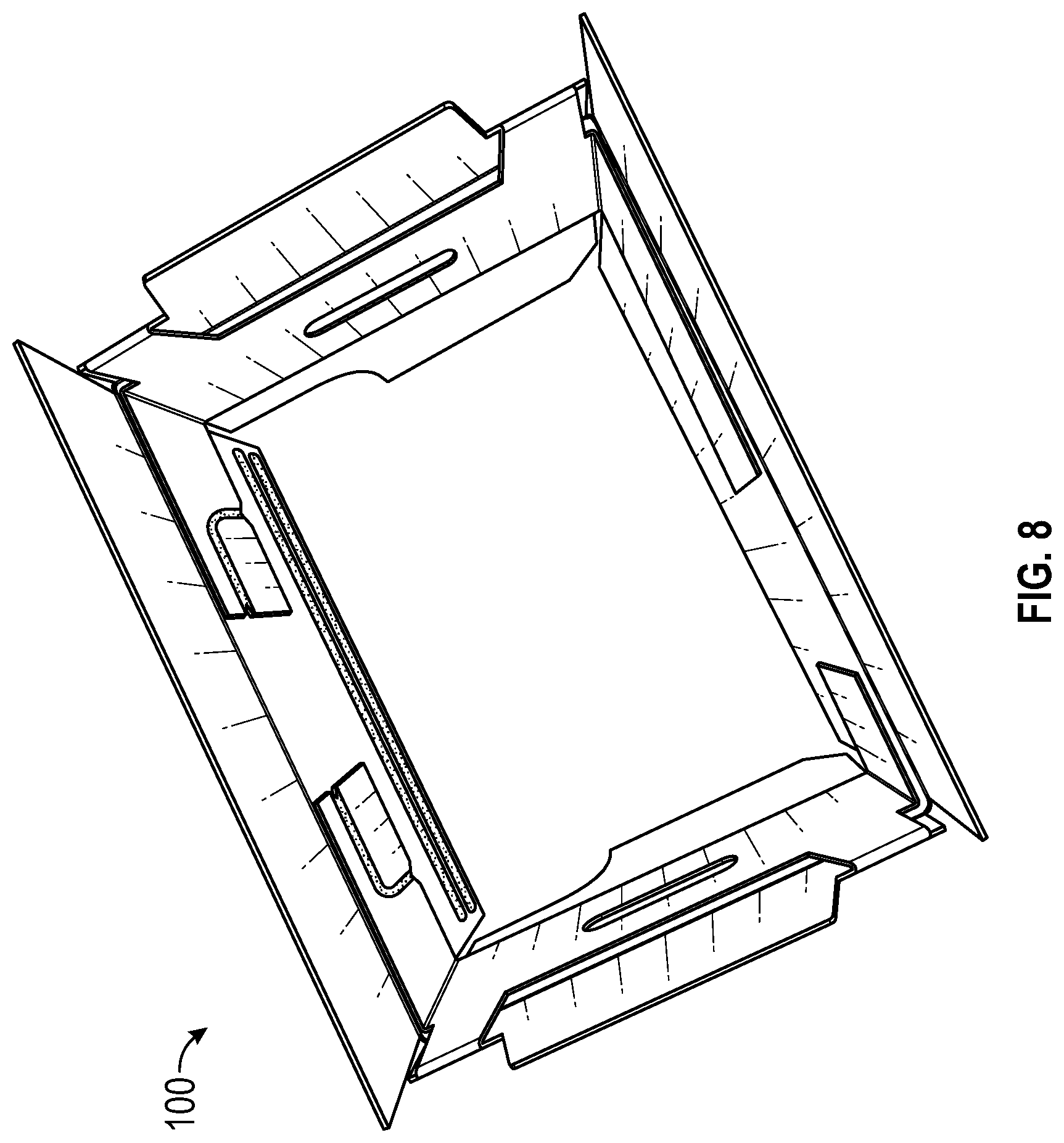 Patent US12312134 Figure 8 – Display ready corrugated packaging with double corner construction