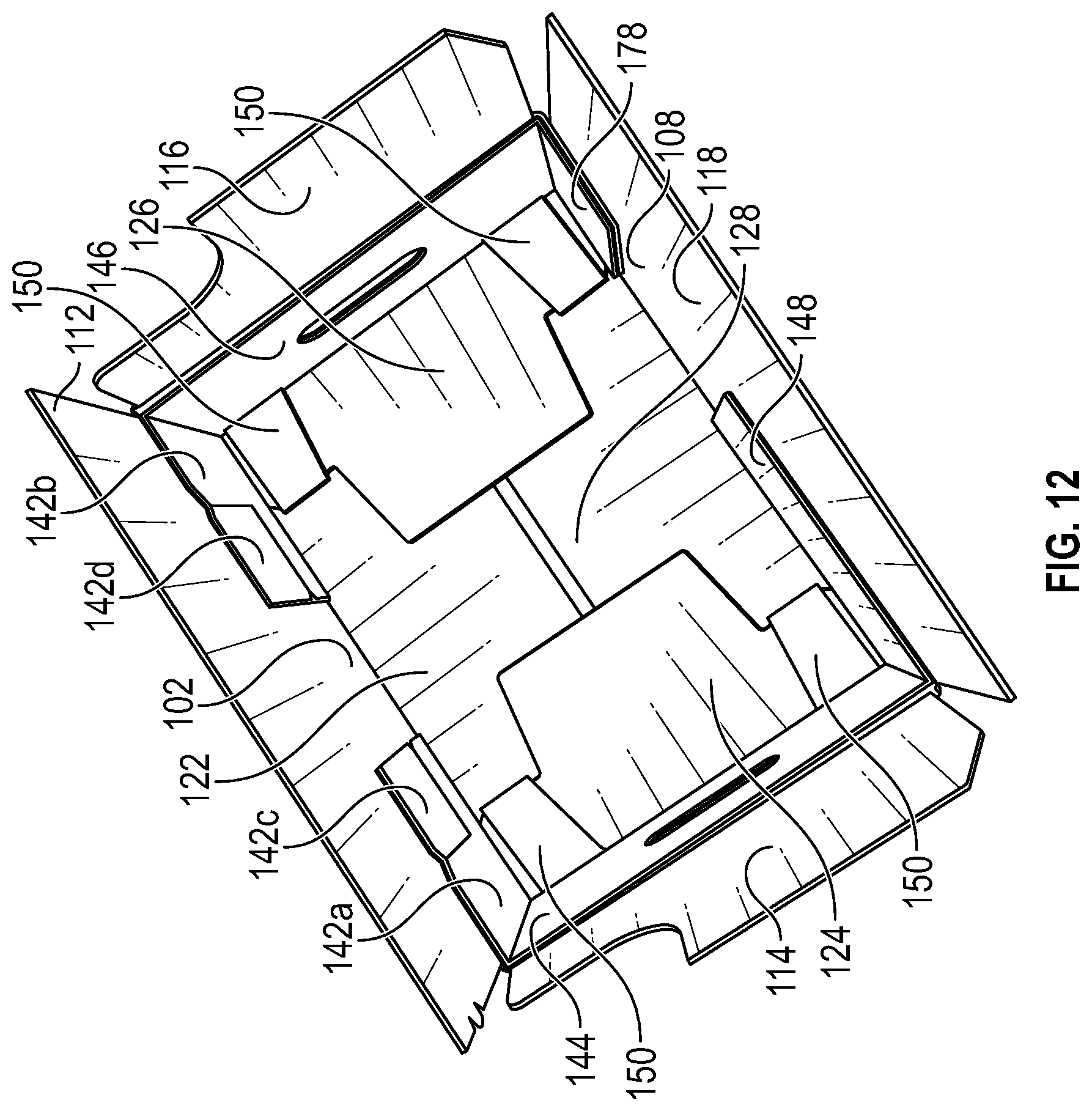Patent US12312134 Figure 12 – Display ready corrugated packaging with double corner construction
