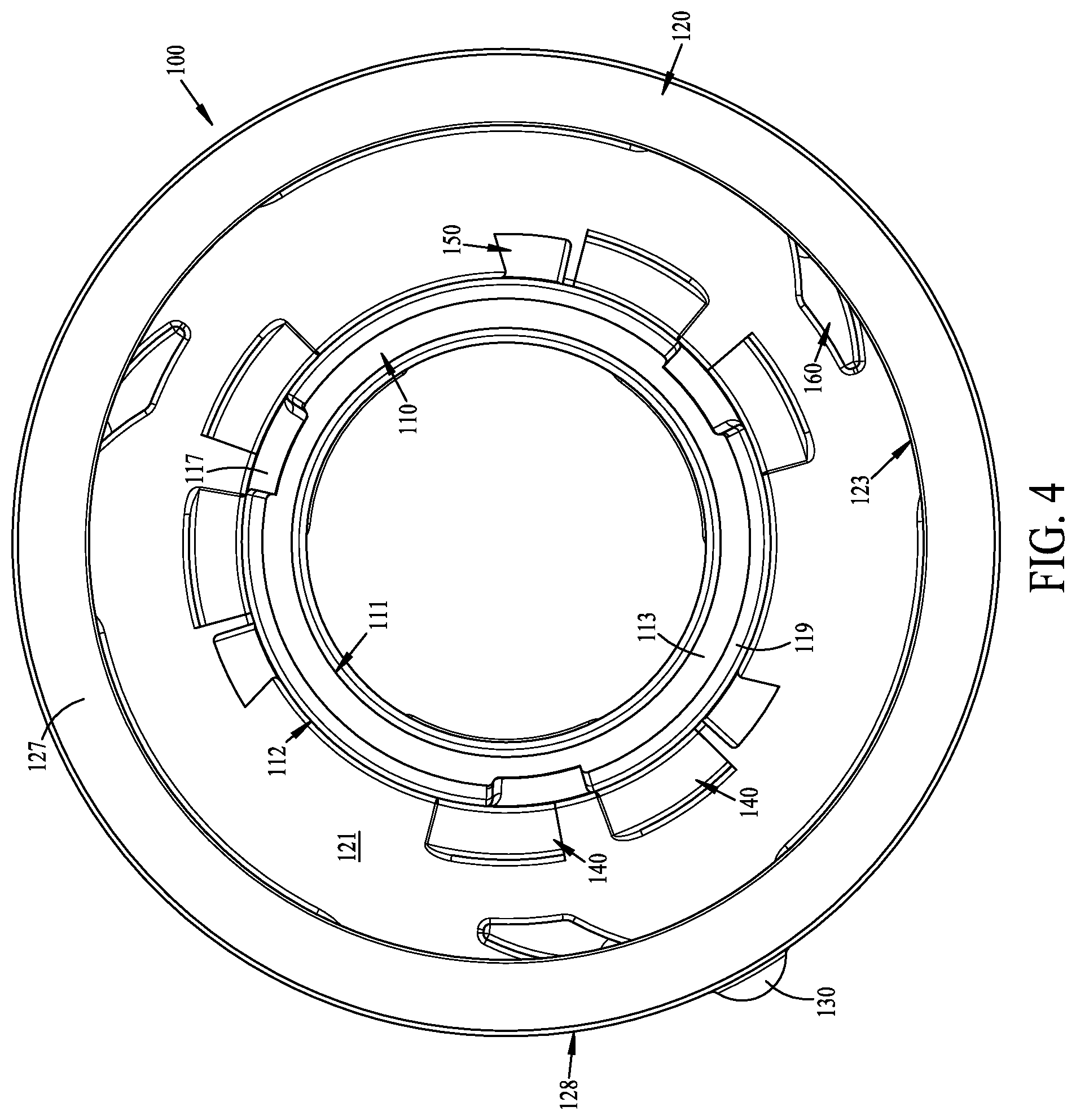Patent US12312139 Figure 4 – Tamper evident bottle finish and cap assembly