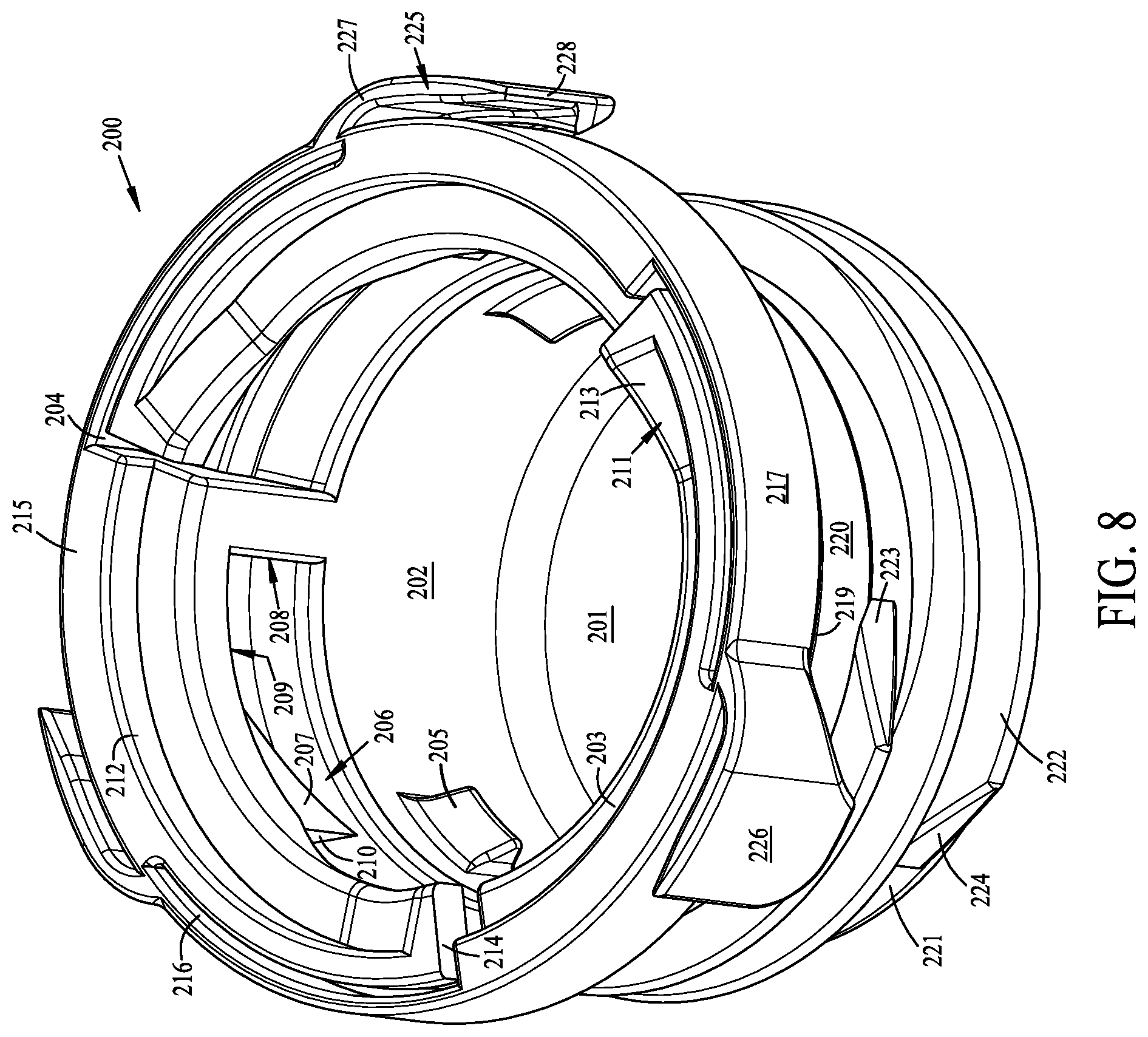 Patent US12312139 Figure 8 – Tamper evident bottle finish and cap assembly