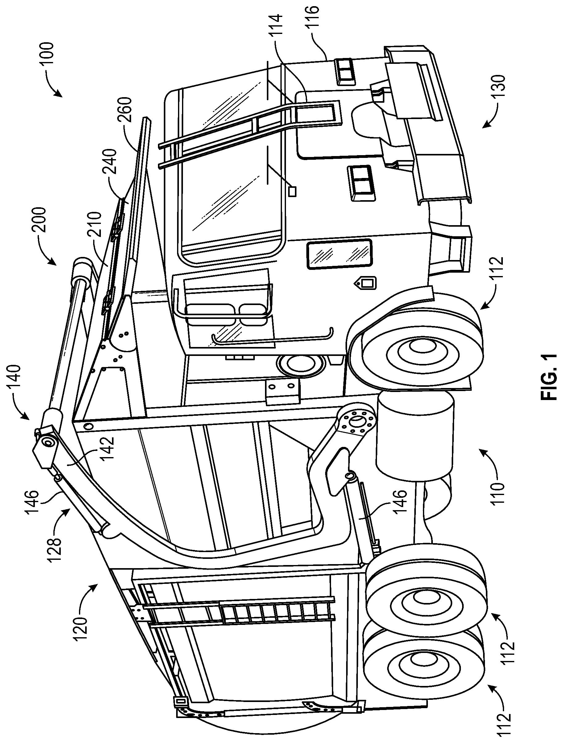 Patent US12312165 Figure 1 – Adjustable canopy for a refuse vehicle