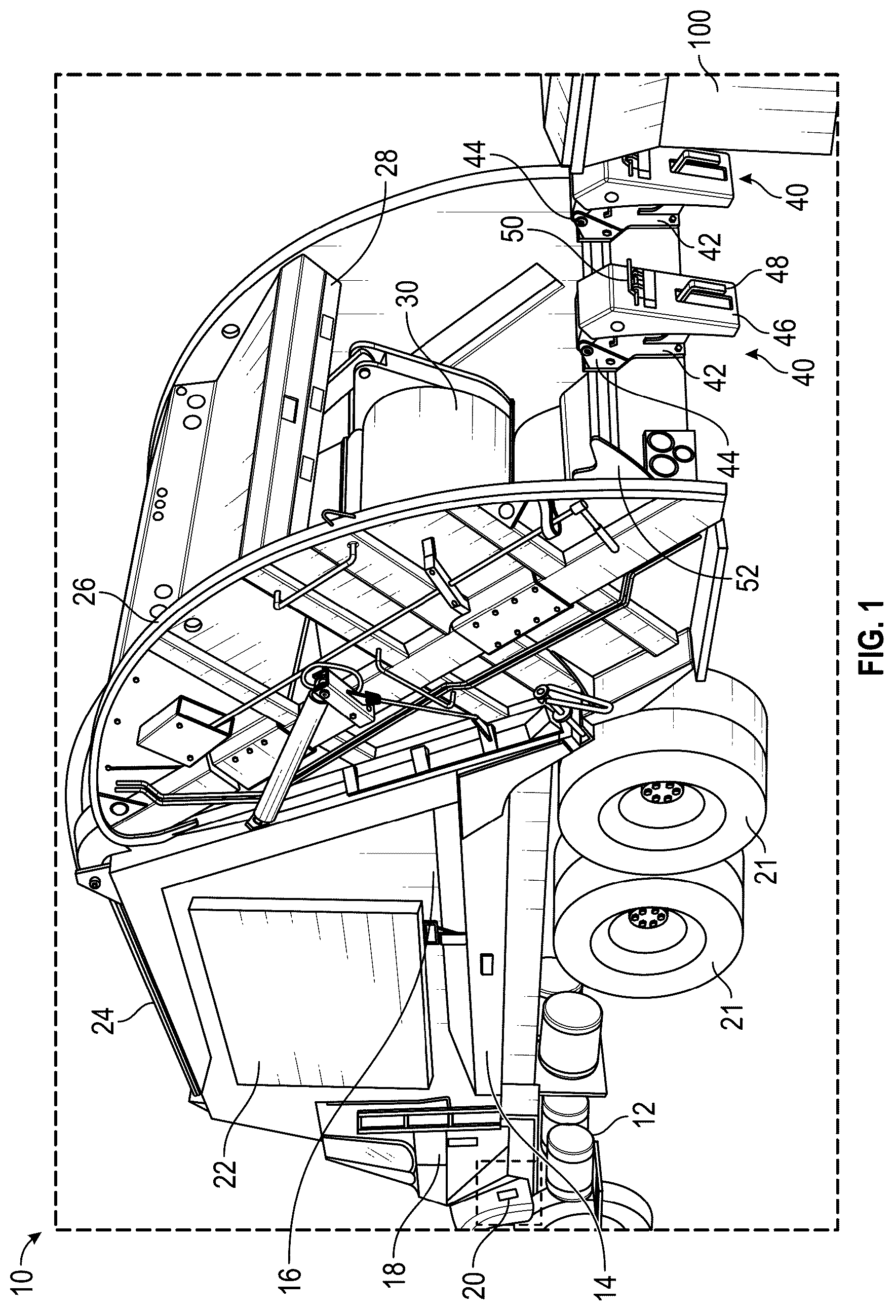 Patent US12312166 Figure 1 – Adjustable tipping device for a refuse vehicle