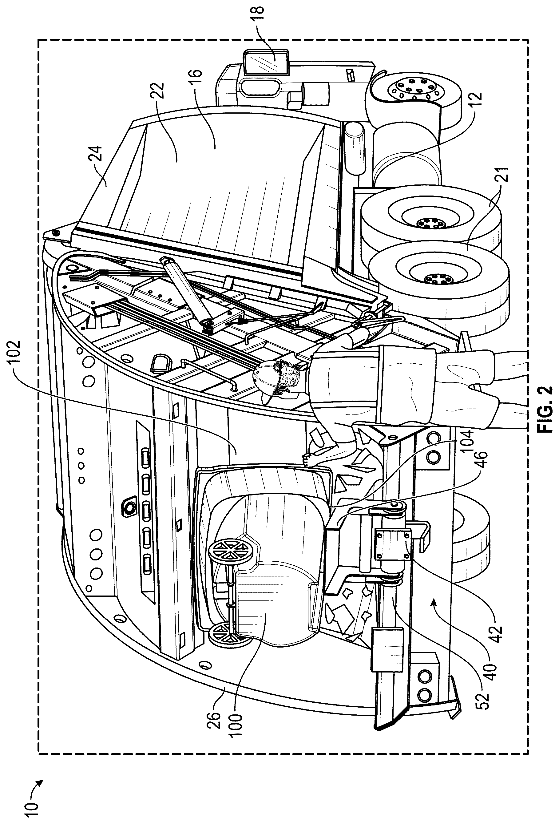 Patent US12312166 Figure 2 – Adjustable tipping device for a refuse vehicle