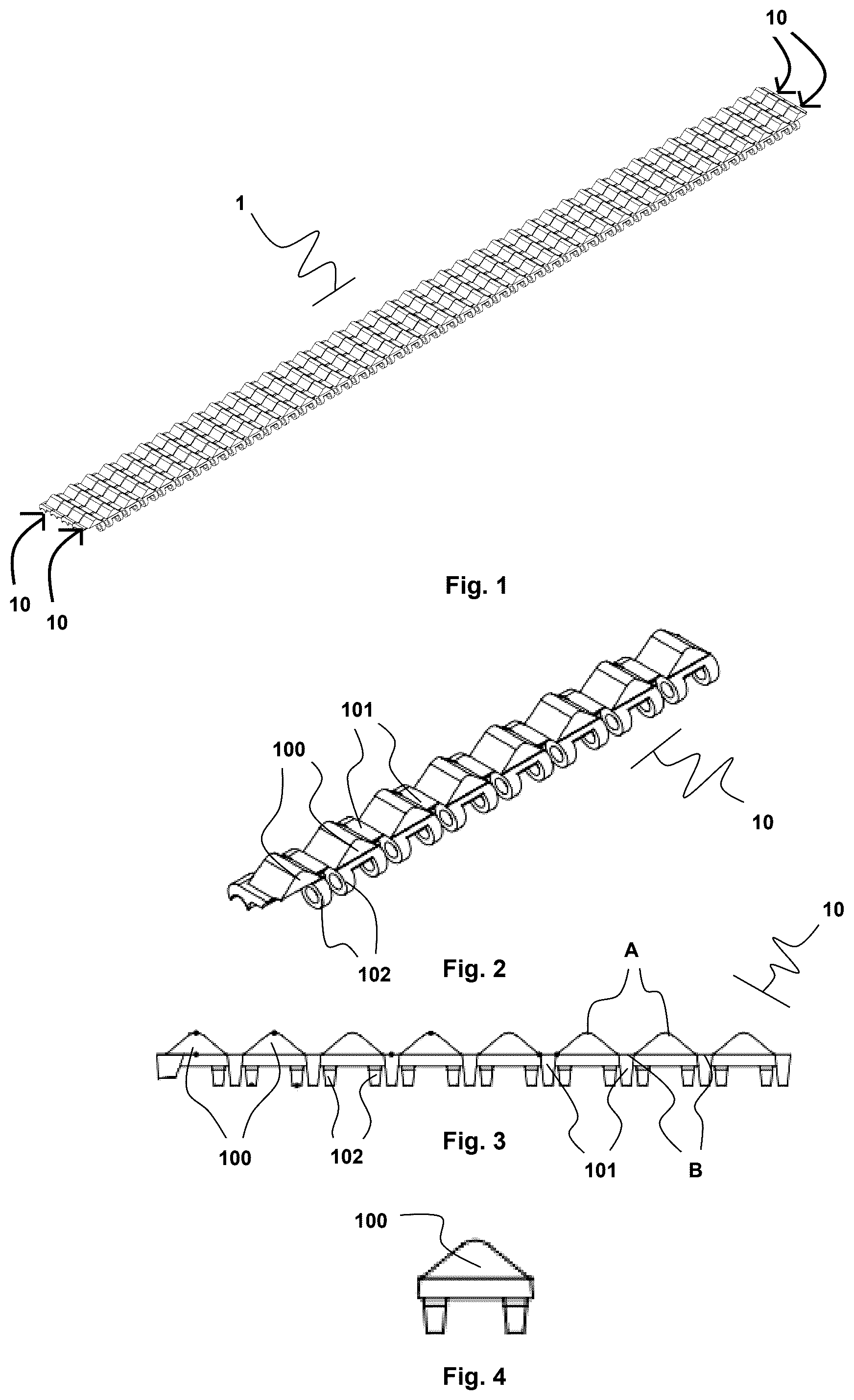 Patent US12312179 Figure 1 – Modular conveyor belt carrying products in a regular and balanced manner