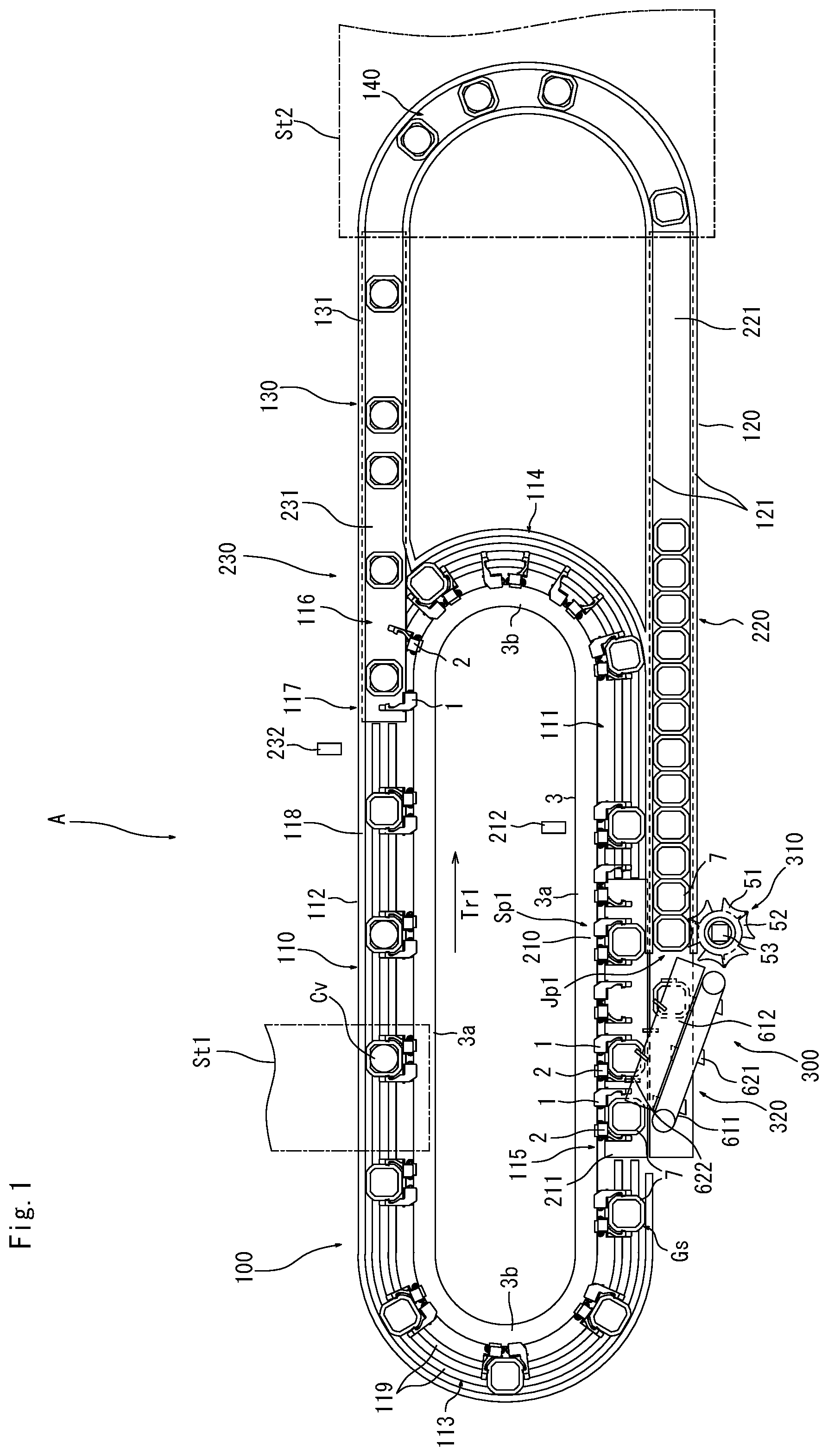 Patent US12312181 Figure 1 – Transport apparatus for pieces to be transported