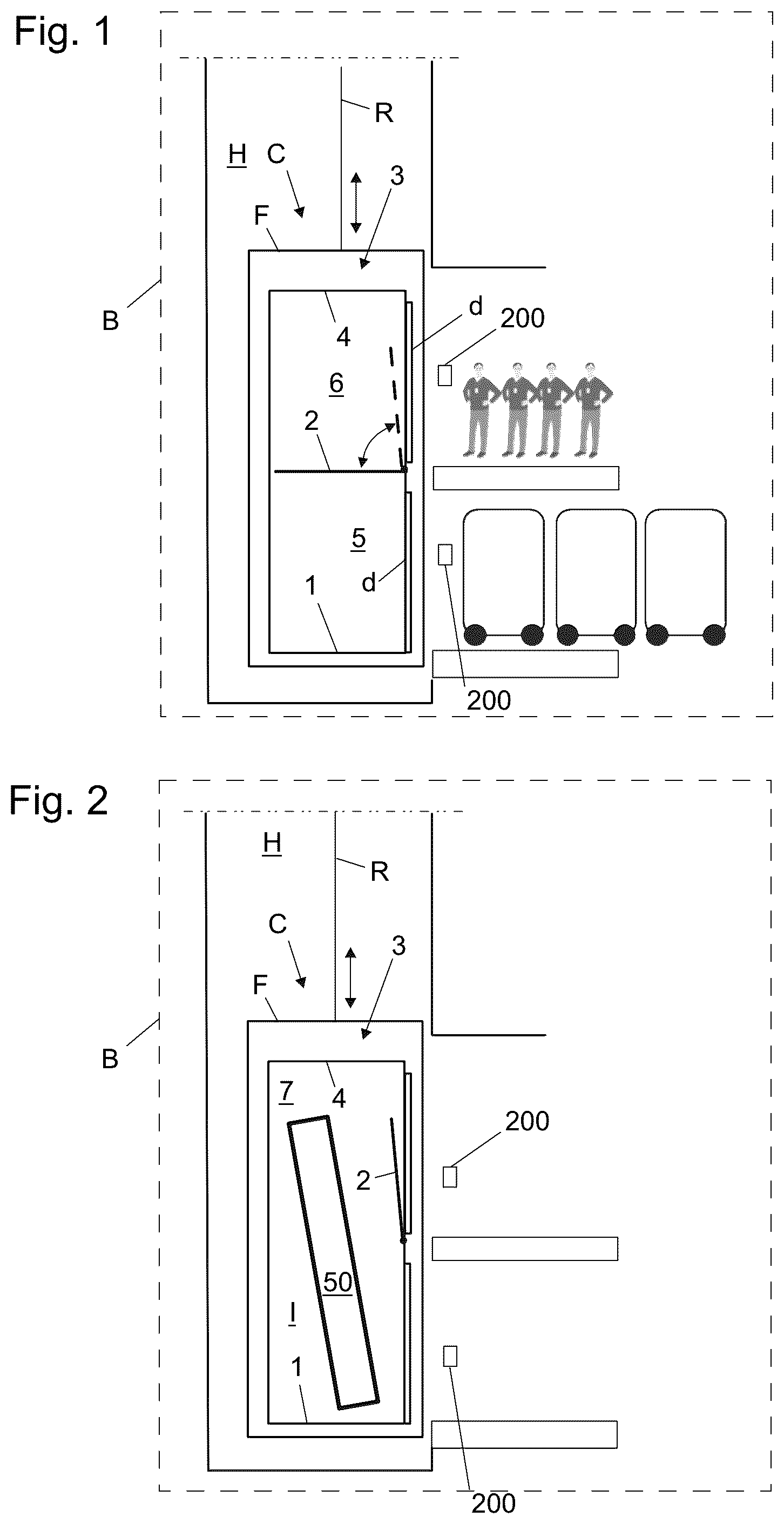 Patent US12312212 Figure 1 – Elevator car and construction-time elevator arrangement and method