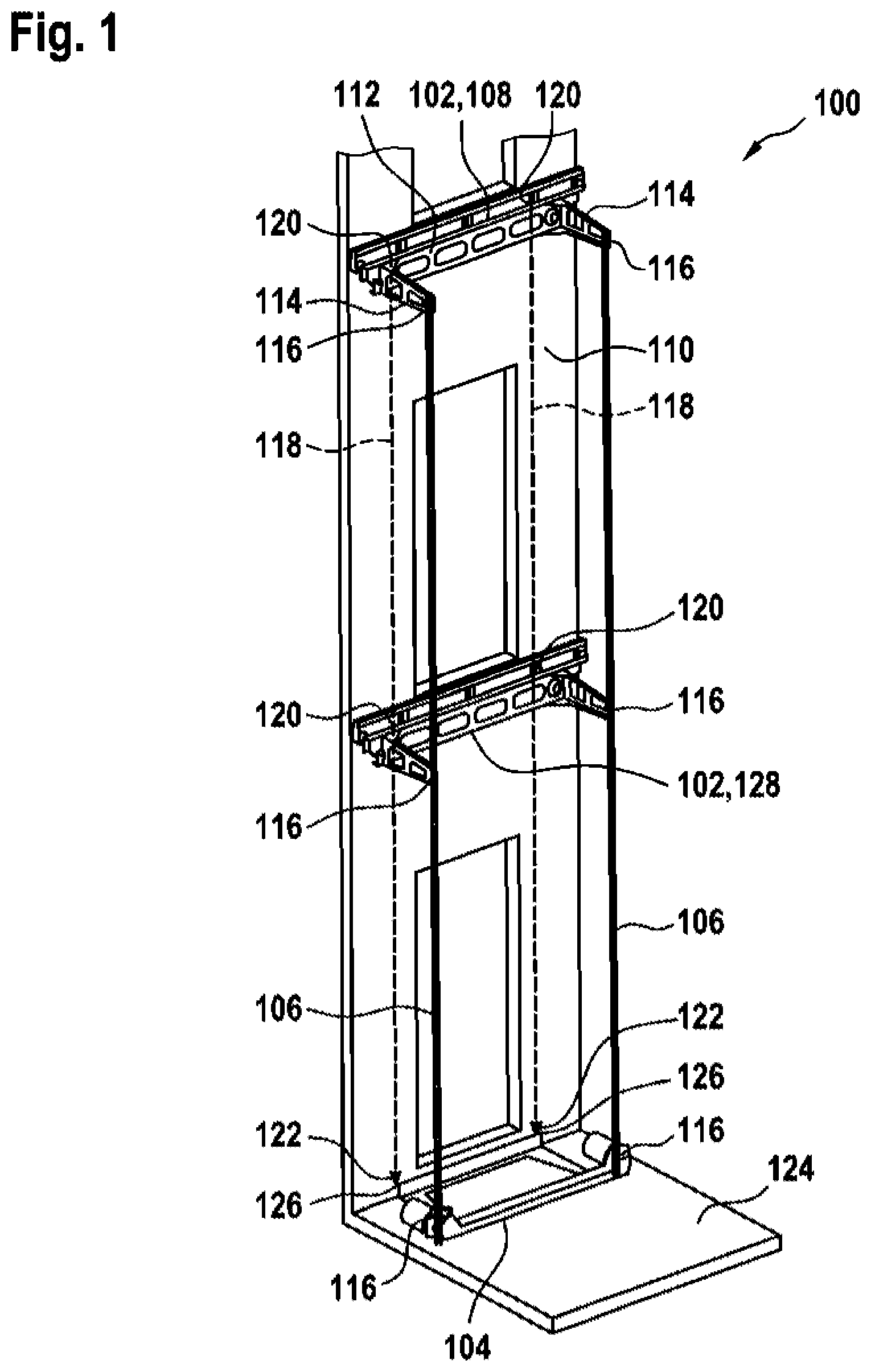 Patent US12312213 Figure 1 – Universal console and pit assembly for a rail vehicle of an elevator system, rail system, and method for aligning the rail system