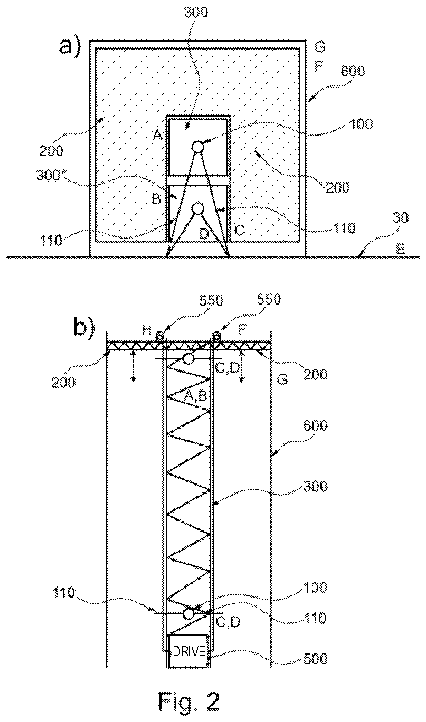 Patent US12312214 Figure 2 – Transport system for vertically transporting goods and persons on an above ground construction site