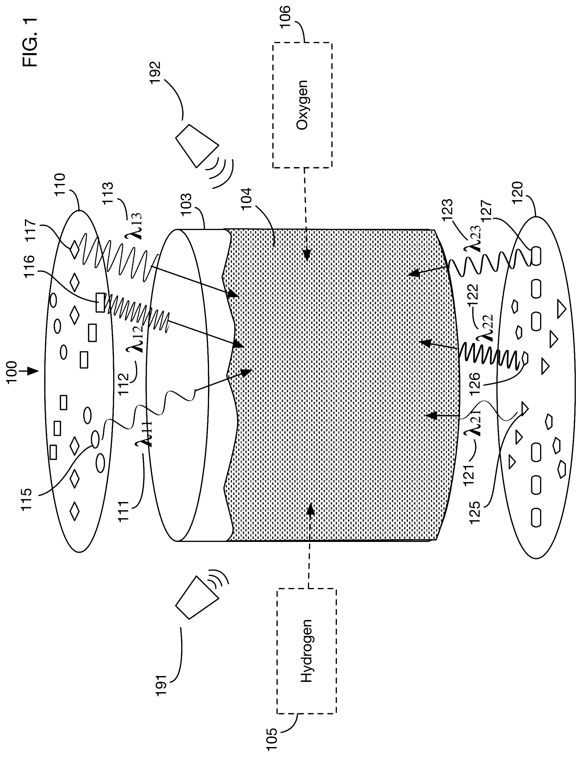 Patent US12312256 Figure 1 – Device that treats water and/or at least one chromophore with multiple wavelengths of light and sound