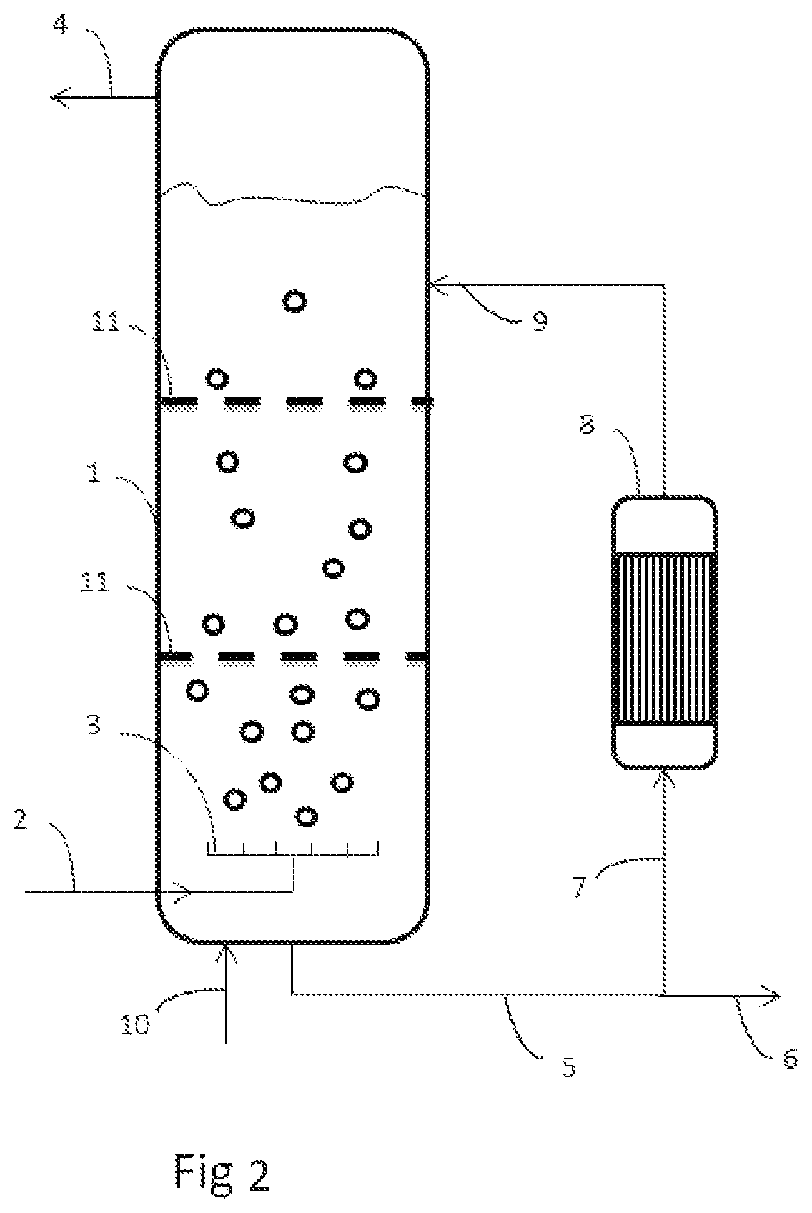 Patent US12312288 Figure 2 – Gas/liquid oligomerization reactor comprising transverse internals