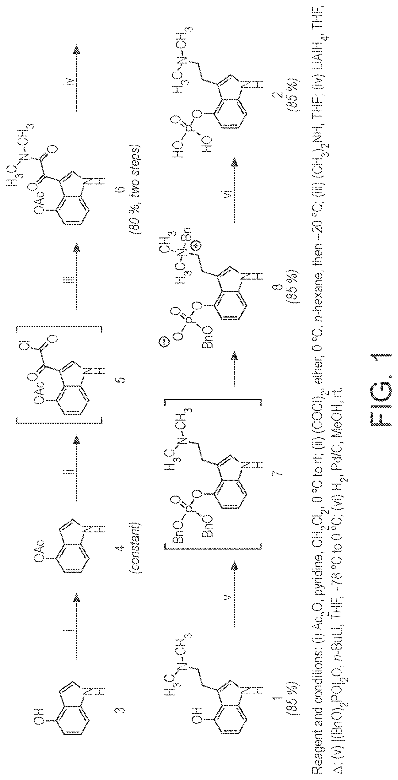 Patent US12312375 Figure 1 – Preparation of psilocybin, different polymorphic forms, intermediates, formulations and their use