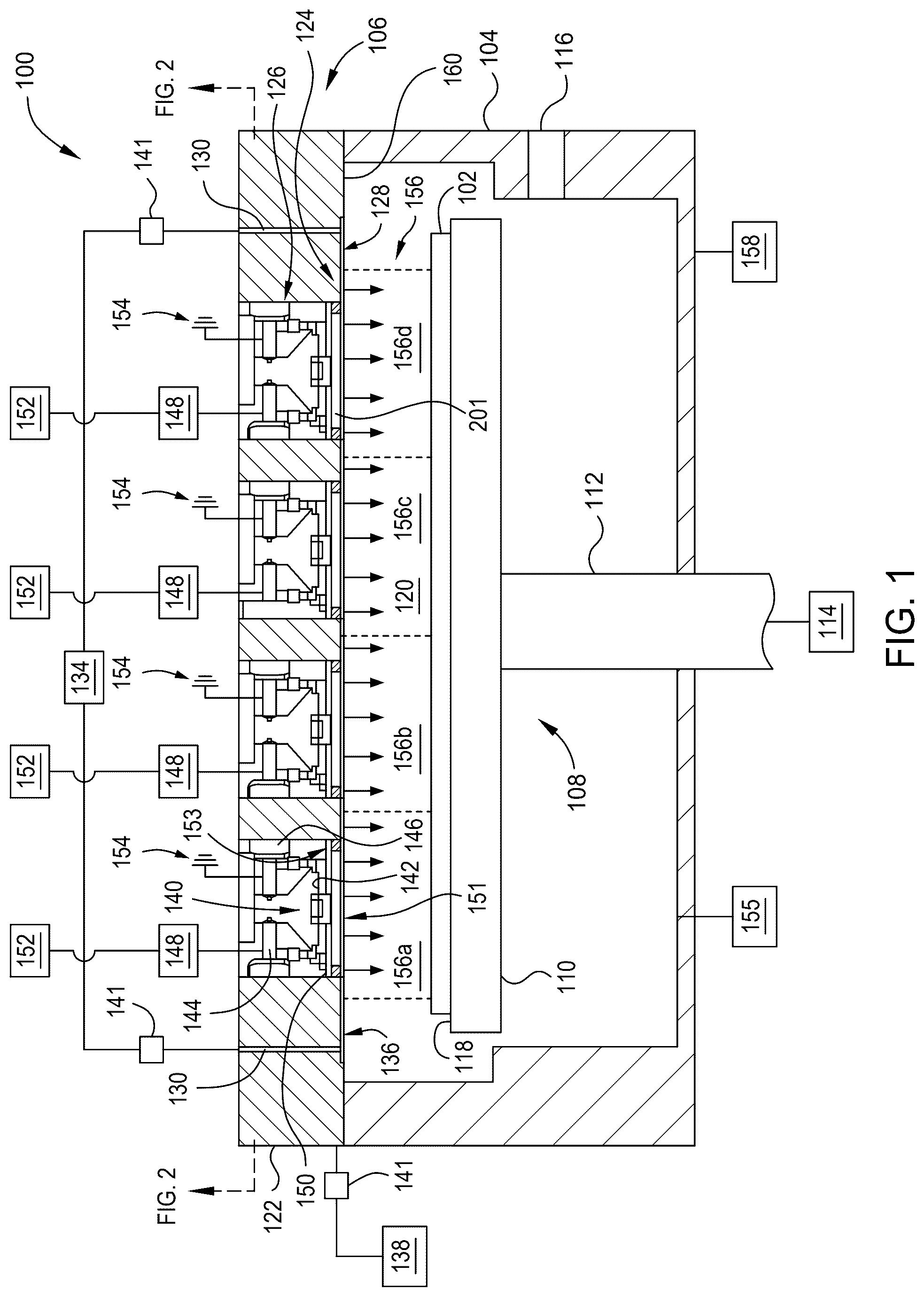 Patent US12312689 Figure 1 – Large-area high-density plasma processing chamber for flat panel displays