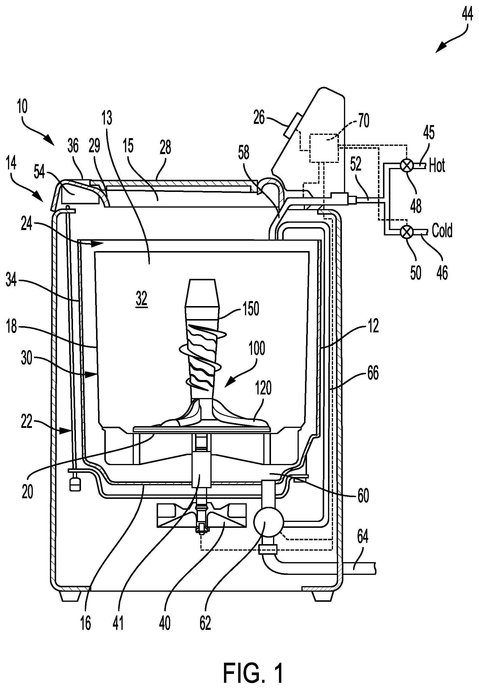 Patent US12312731 Figure 1 – Removable agitator with fabric softener dispenser