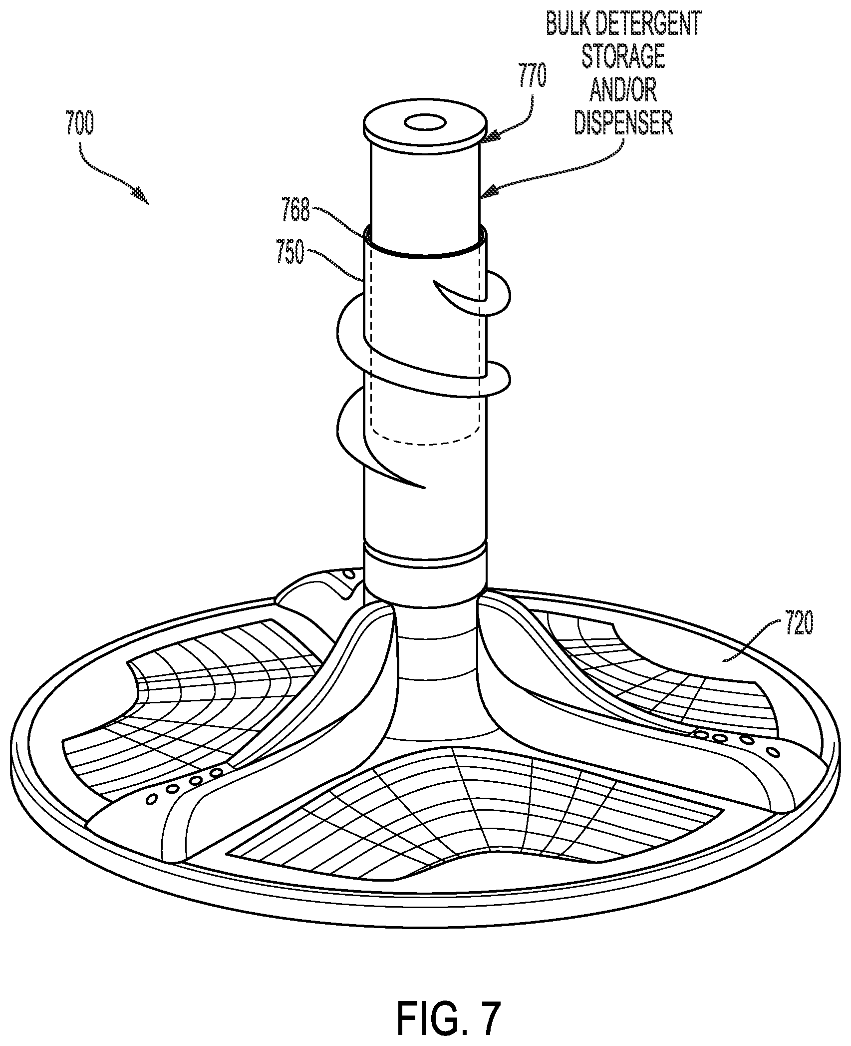 Patent US12312731 Figure 7 – Removable agitator with fabric softener dispenser