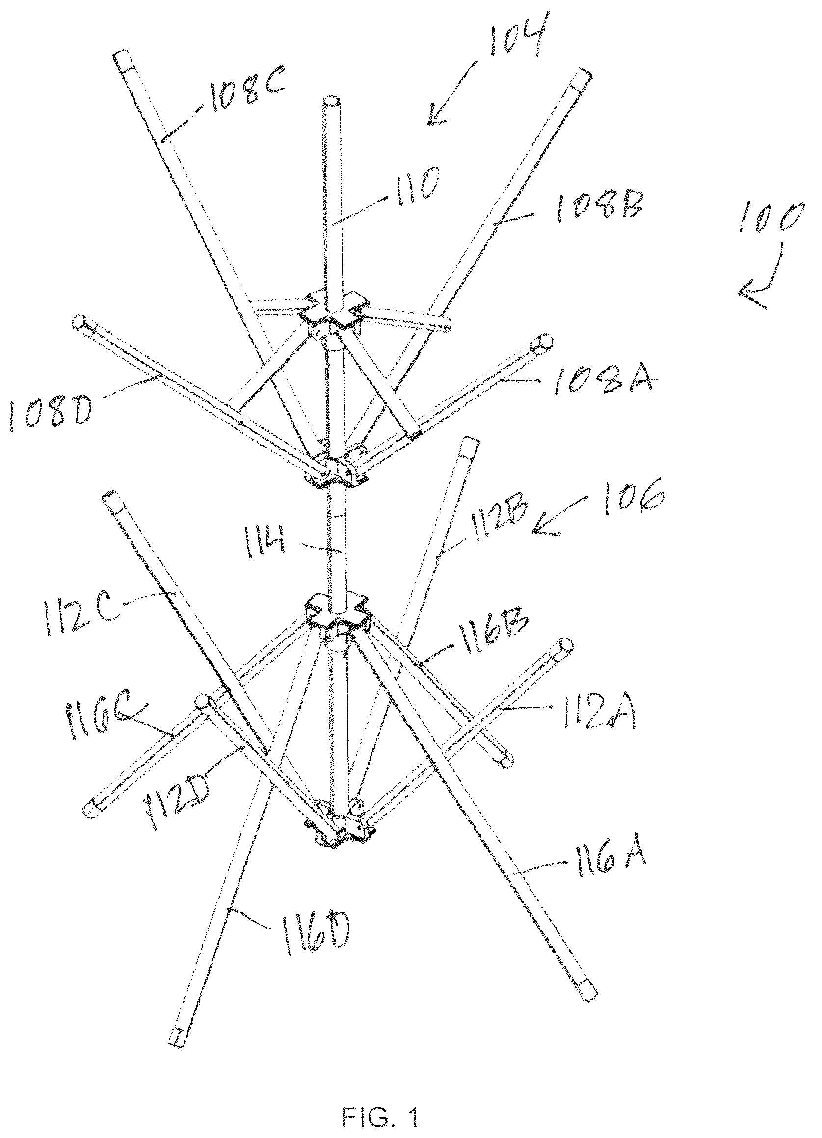 Patent US12312733 Figure 1 – Collapsible stand assembly for drying and storage