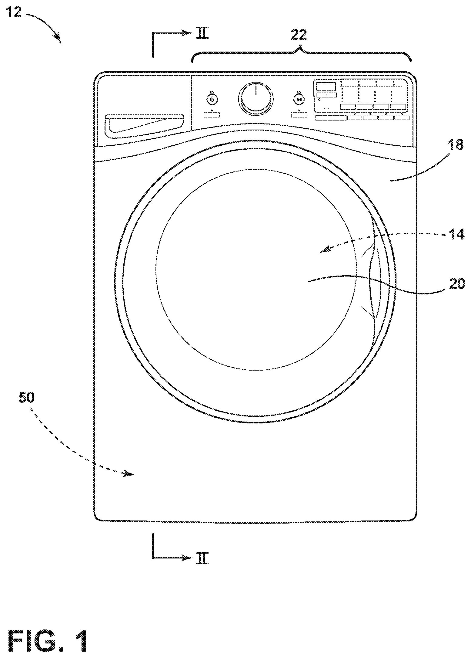 Patent US12312736 Figure 1 – Drain system for a laundry appliance