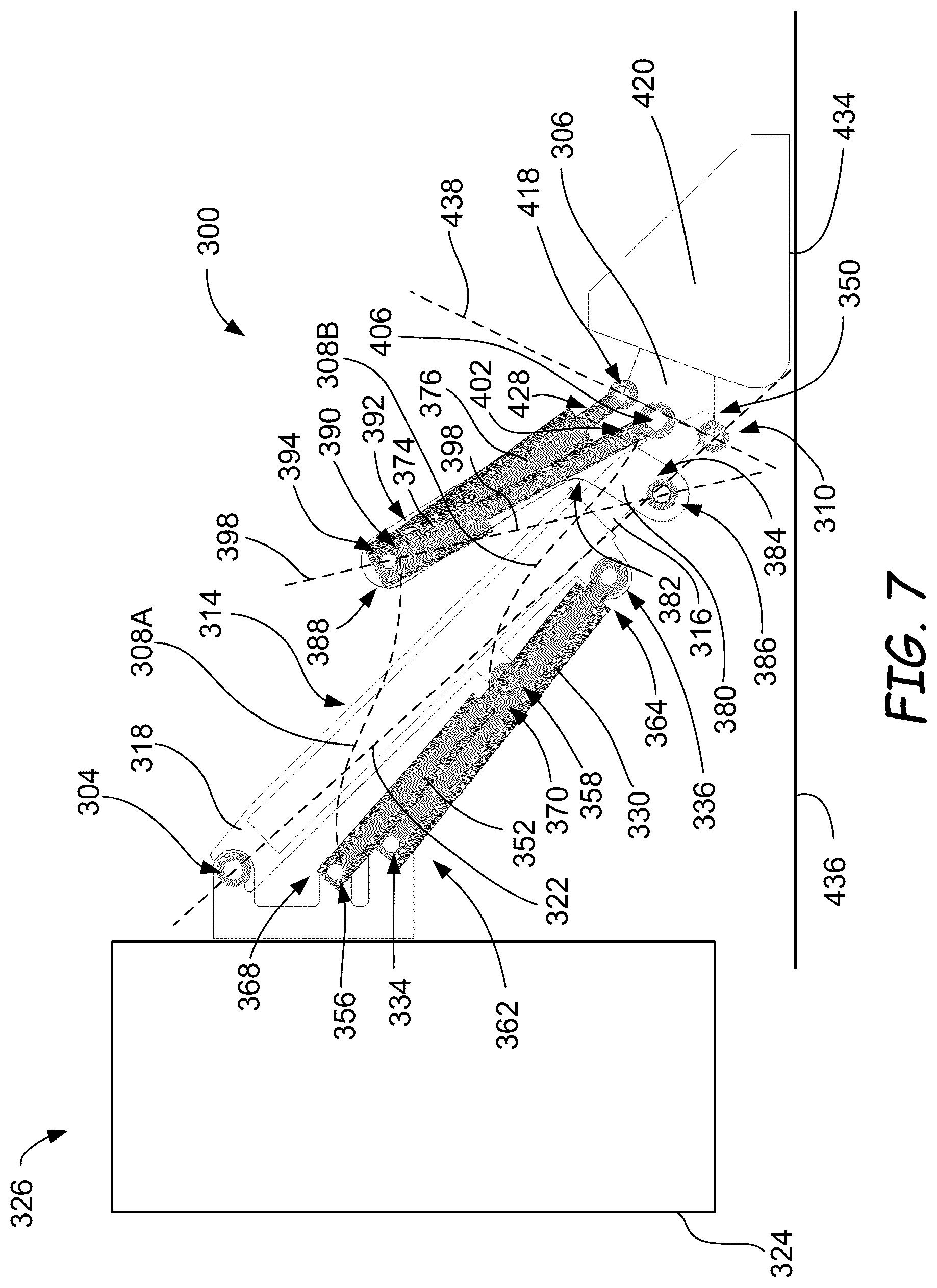 Patent US12312764 Figure 8 – Self-leveling lift arm assembly for power machines