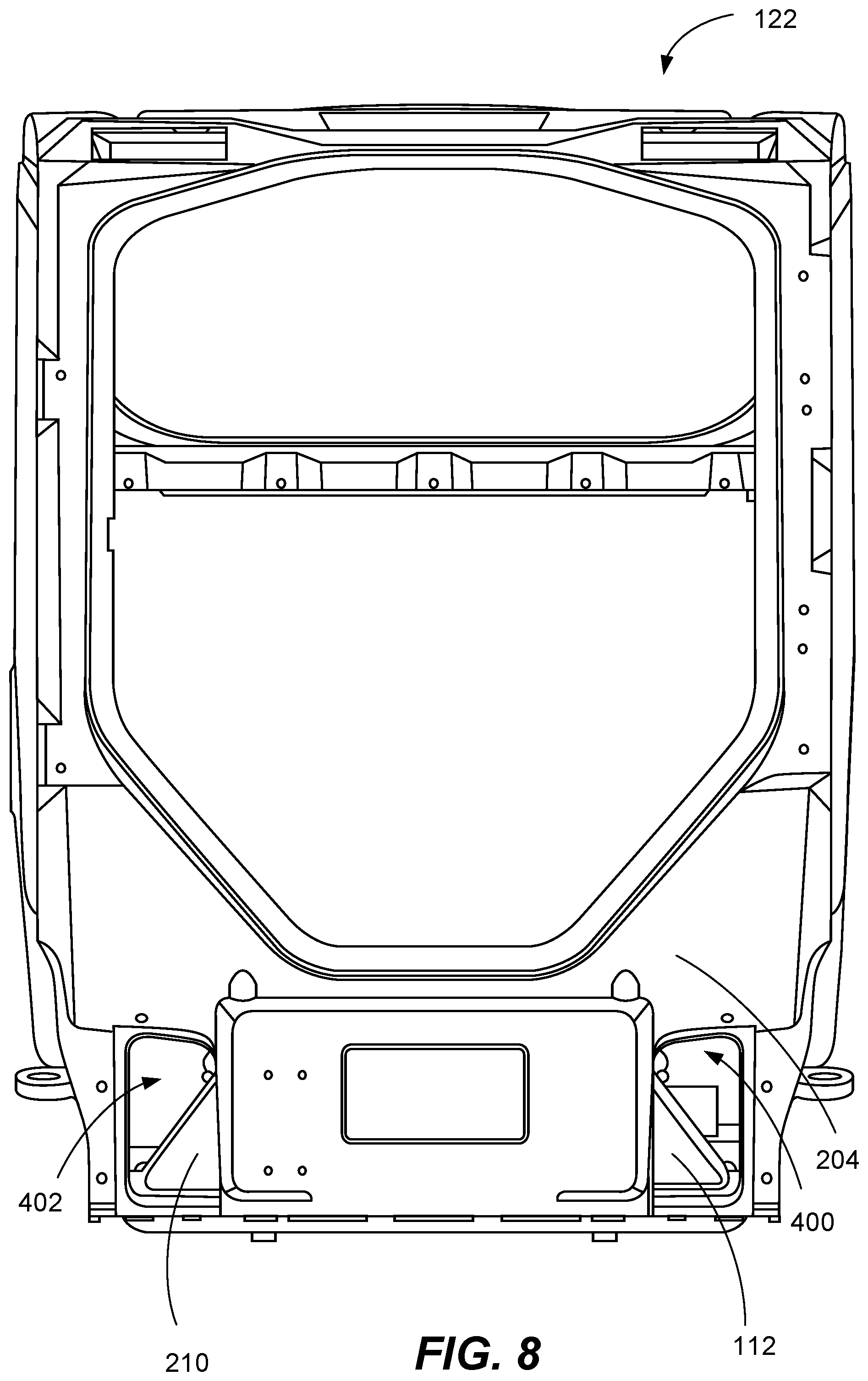 Patent US12312768 Figure 8 – Removable cab toe box for a work machine