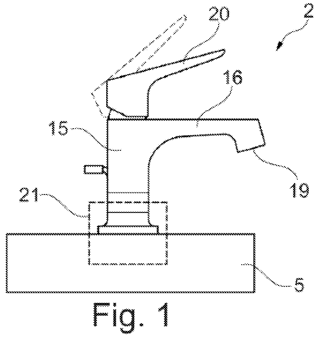 Patent US12312780 Figure 1 – Fastener for a sanitary faucet, a sanitary faucet having a fastener and a method for securing a sanitary faucet to a support