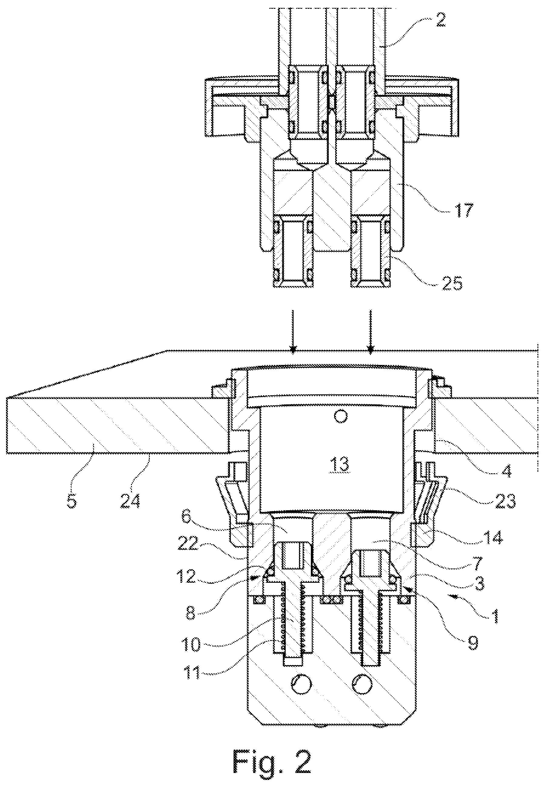 Patent US12312780 Figure 2 – Fastener for a sanitary faucet, a sanitary faucet having a fastener and a method for securing a sanitary faucet to a support