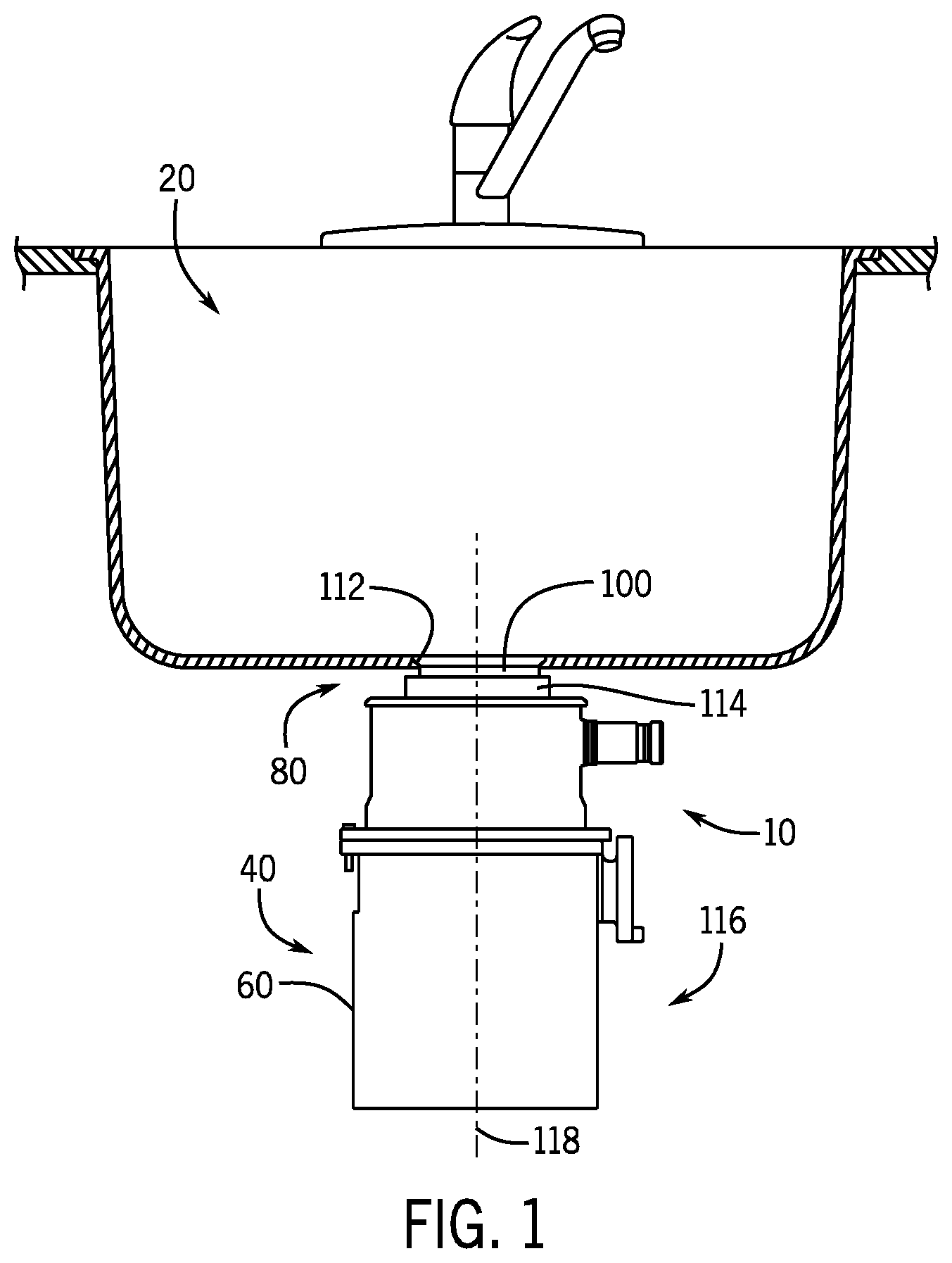 Patent US12312788 Figure 1 – Reversible baffle for disposer system and method of implementing same in a sink flange of a disposer system