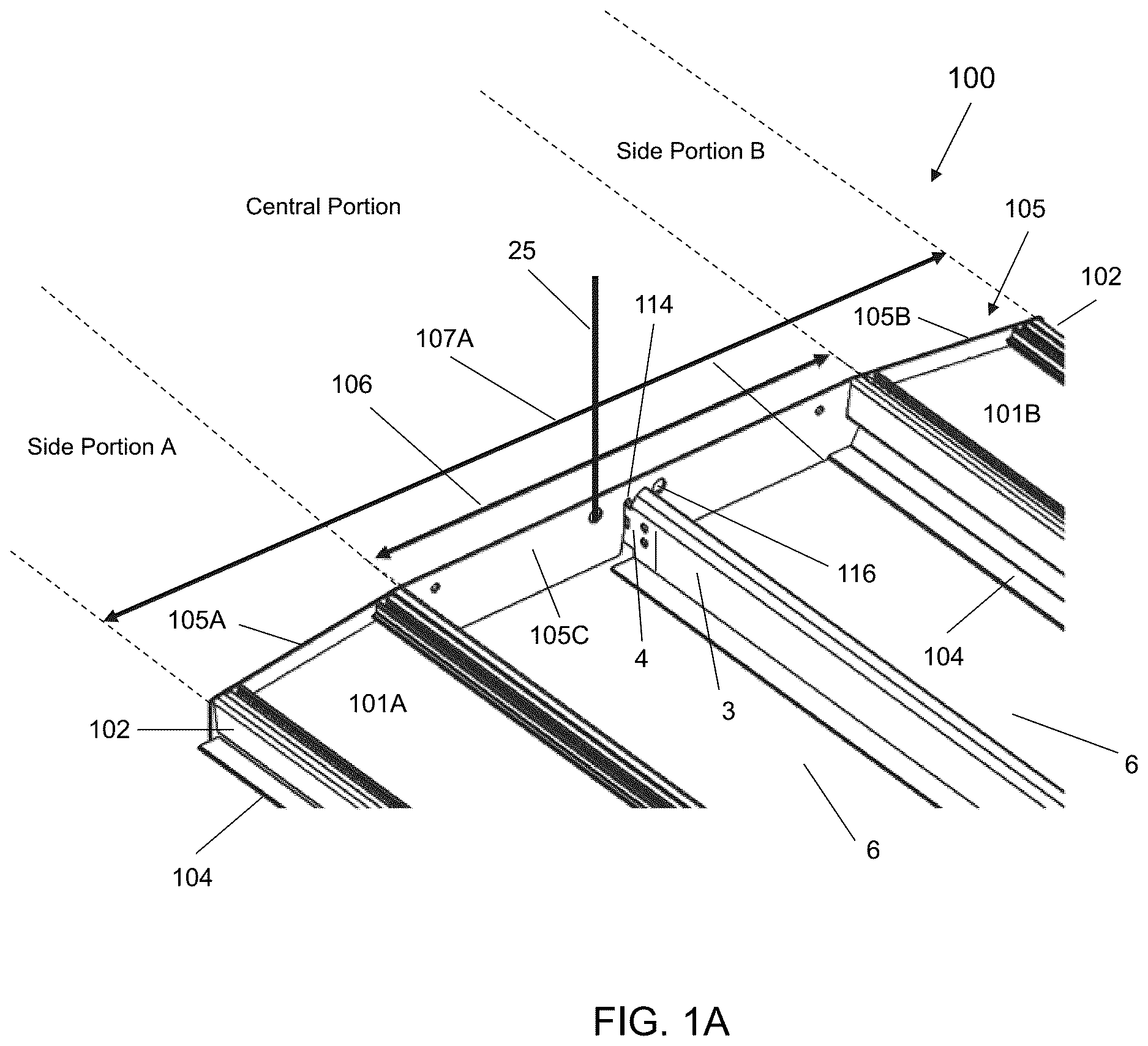 Patent US12312806 Figure 1 – Ceiling grid lighting assembly with two linear lighting modules and a configurable, functional gap